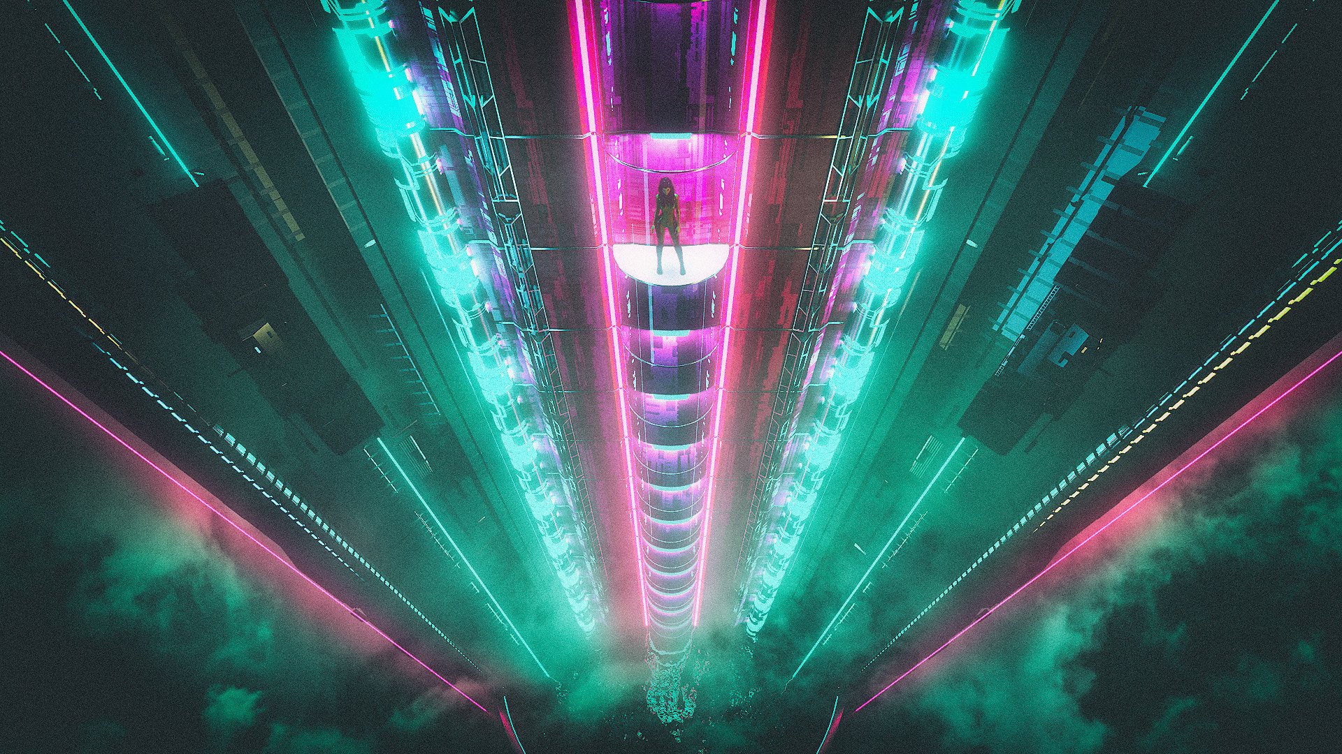 Person standing in a neon-lit futuristic tunnel HD Wallpaper
