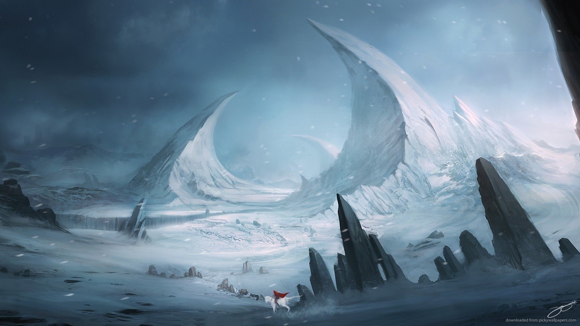 Fantasy ice landscape with a person and a horse HD Wallpaper