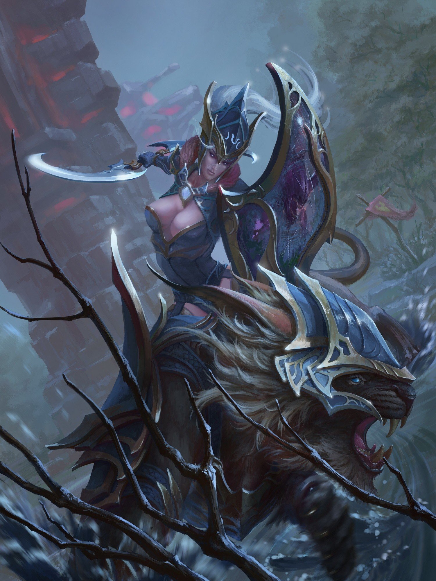 Luna from Dota 2 riding a tiger HD Wallpaper