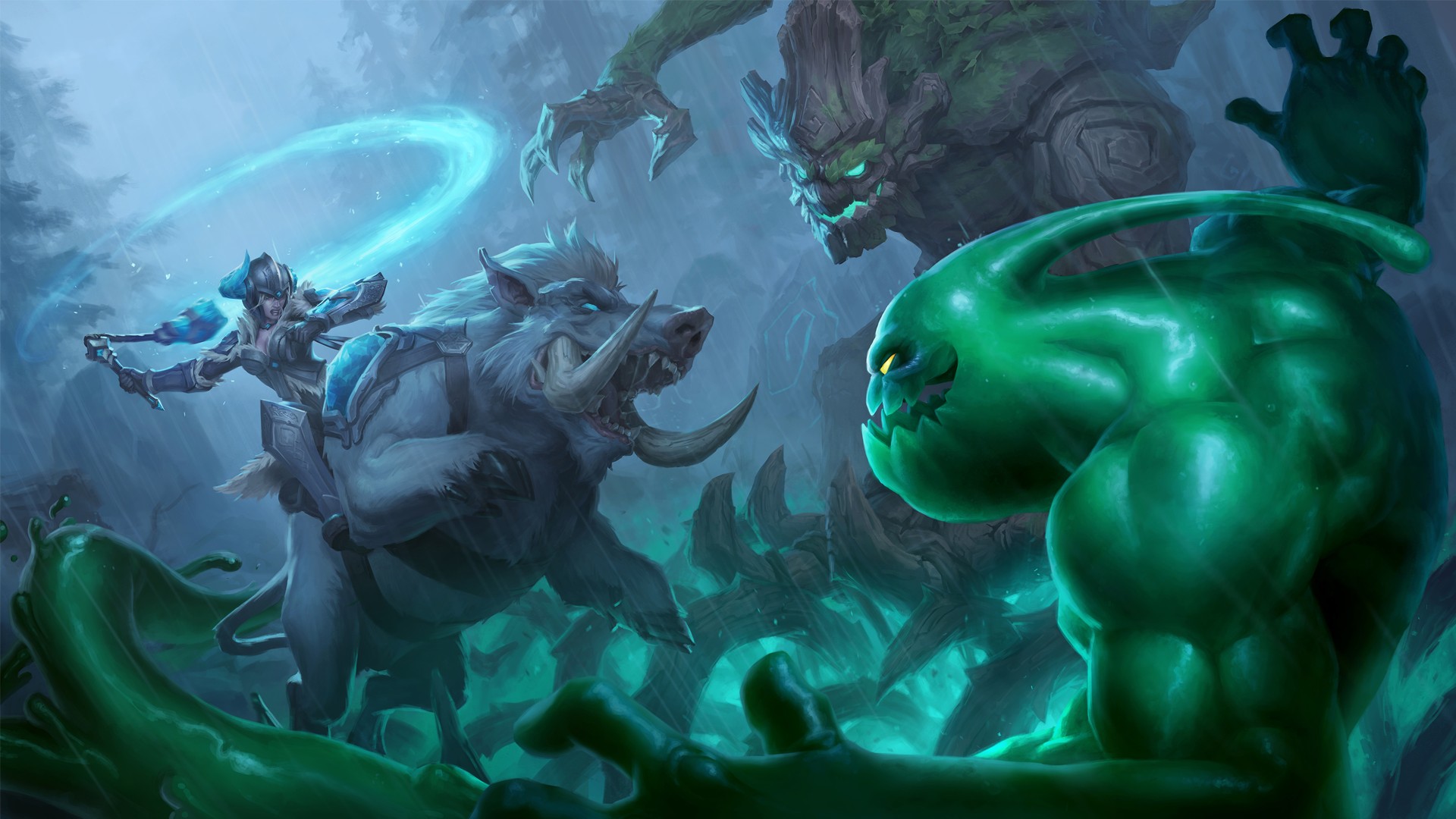Sejuani from League of Legends fighting Zac and Maokai HD Wallpaper