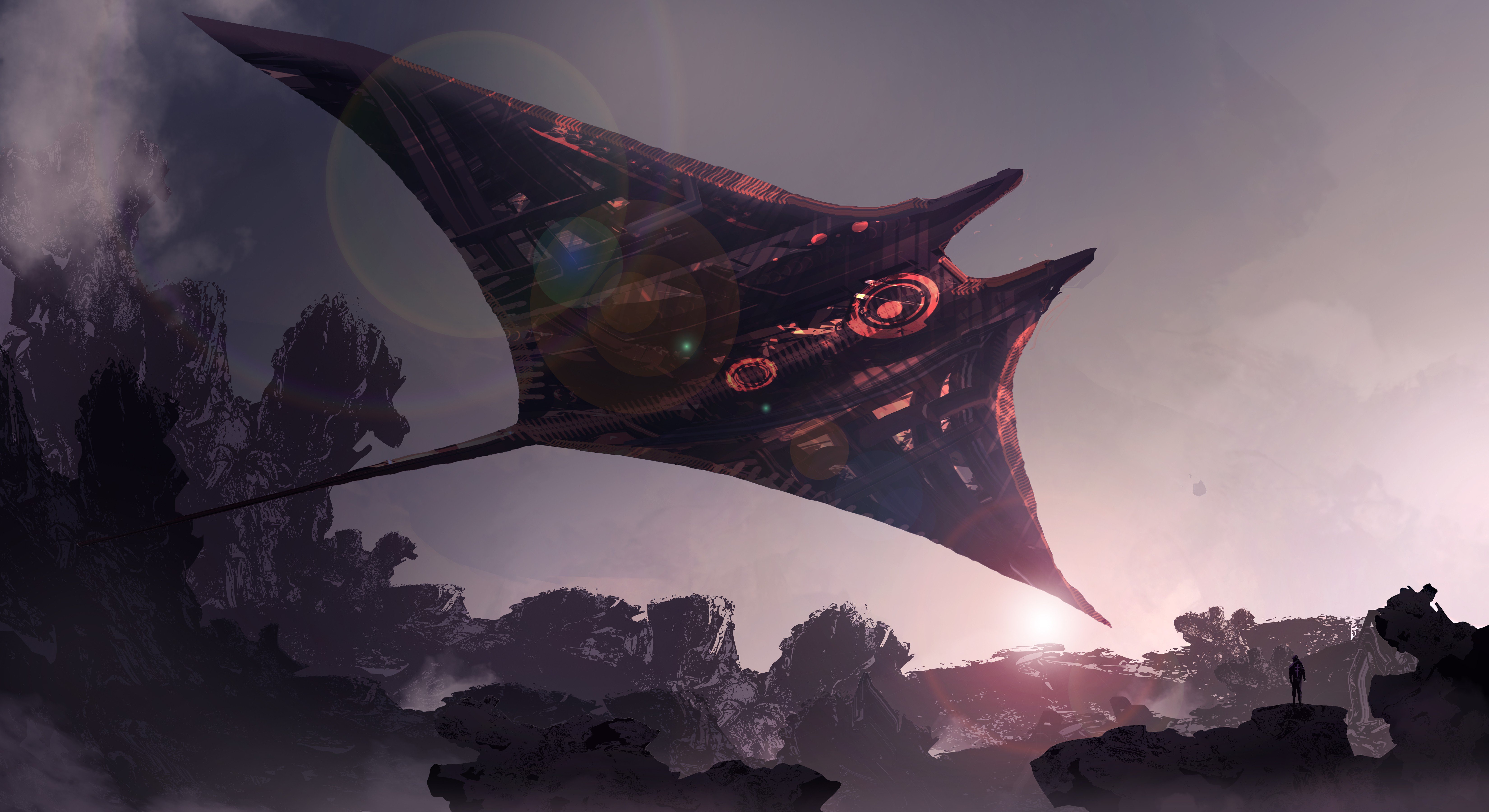 Futuristic manta ray spaceship over rocky alien landscape HD Wallpaper