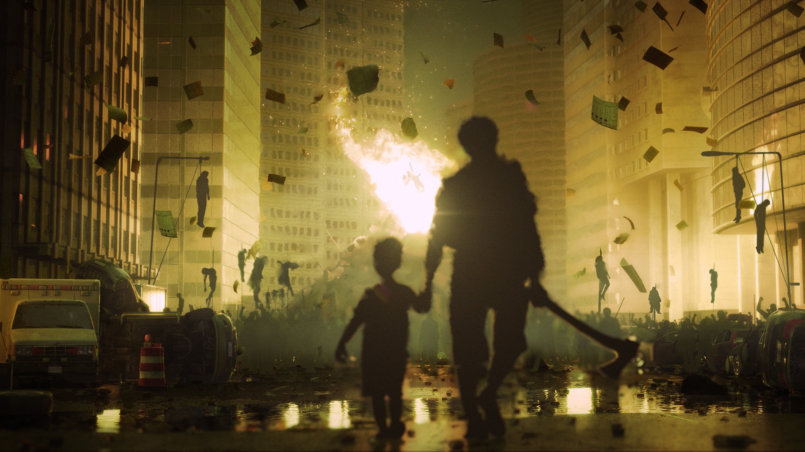 Apocalyptic city scene with figures and fire HD Wallpaper