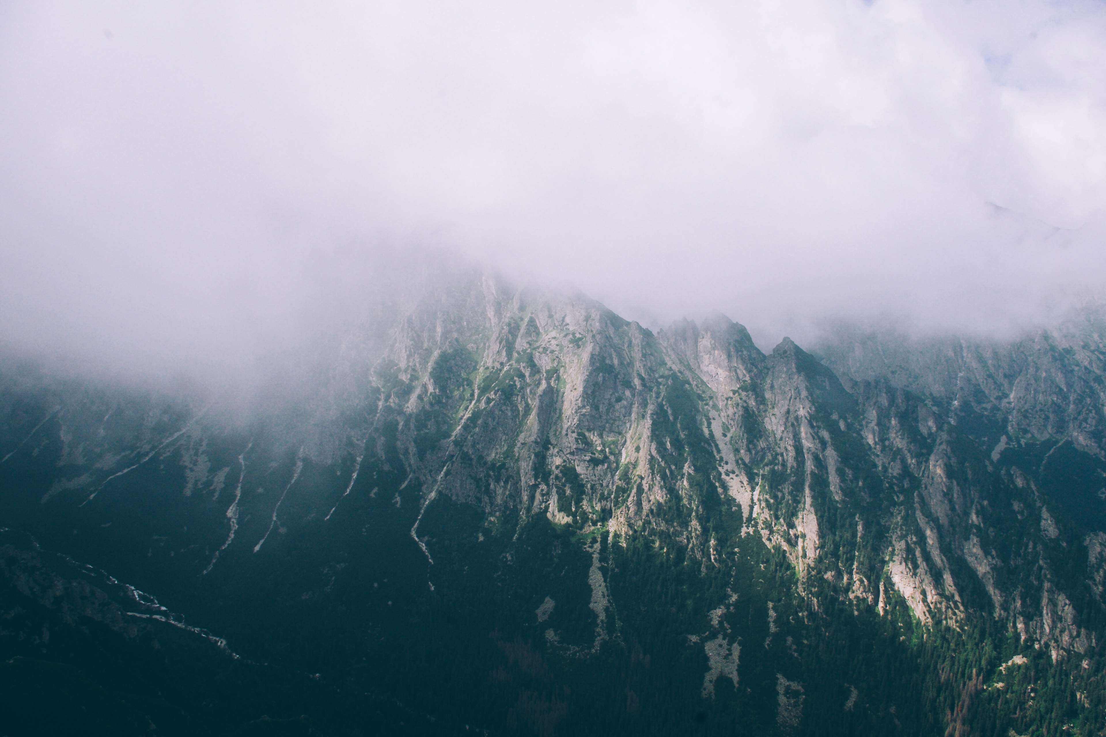 Misty mountains with green slopes HD Wallpaper