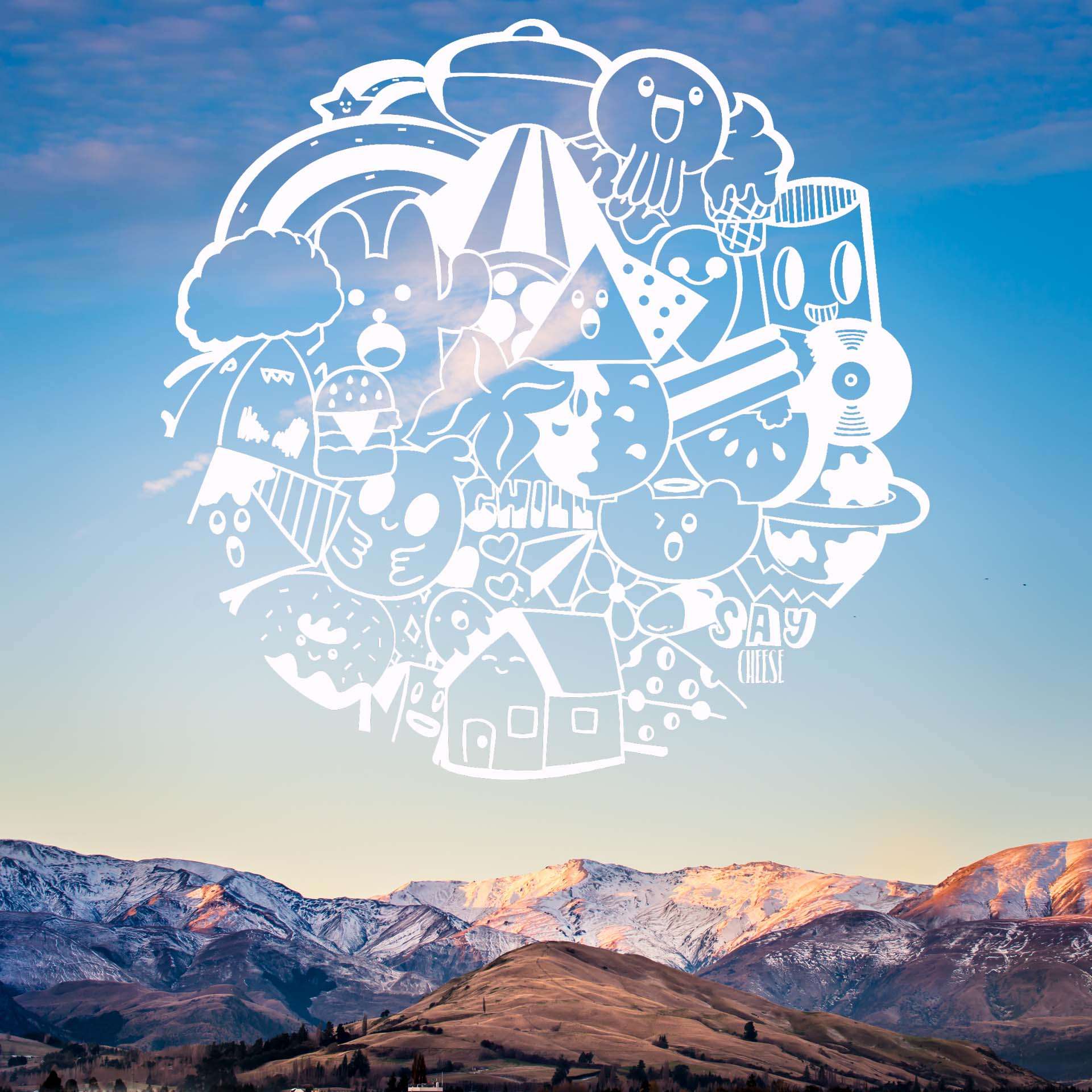 Doodle art circle with mountains and sky HD Wallpaper