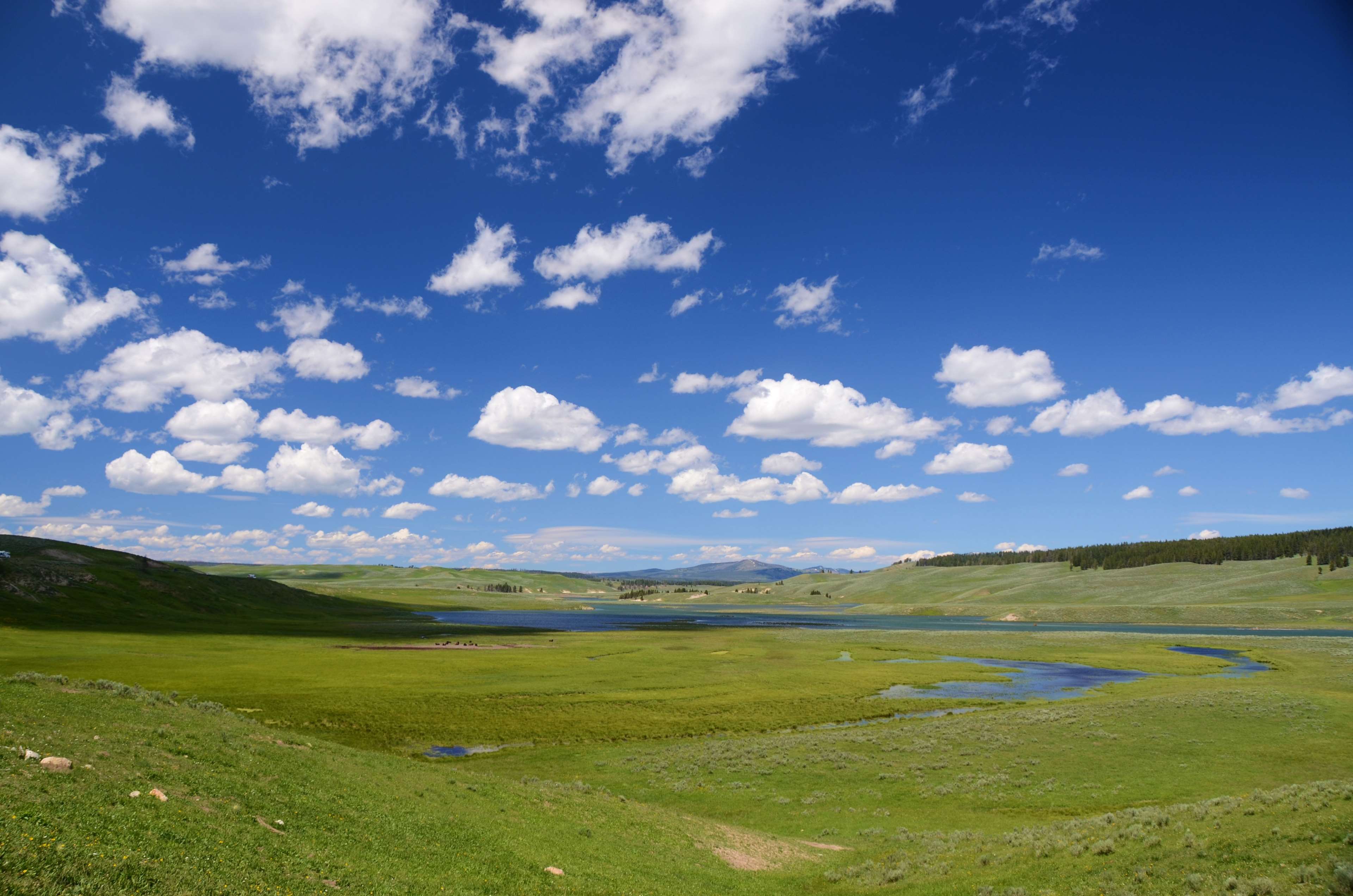 Green hills and lake under a blue sky with clouds HD Wallpaper