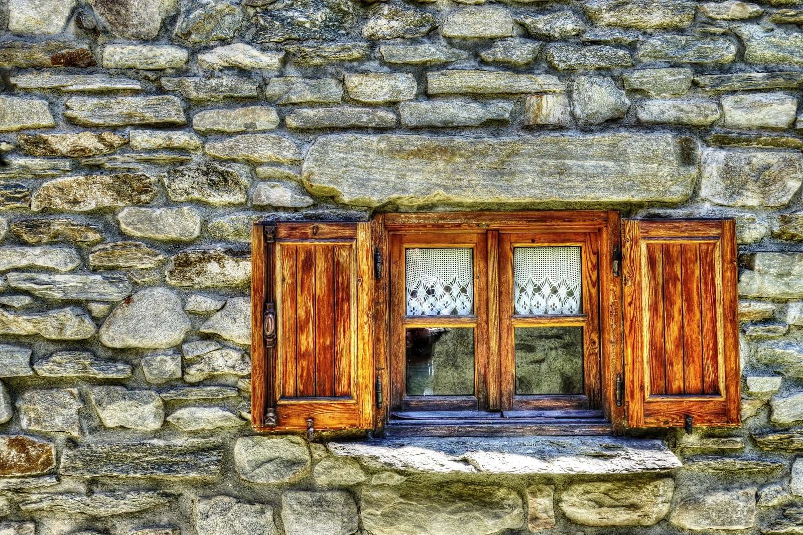 Wooden window with shutters on a stone wall HD Wallpaper