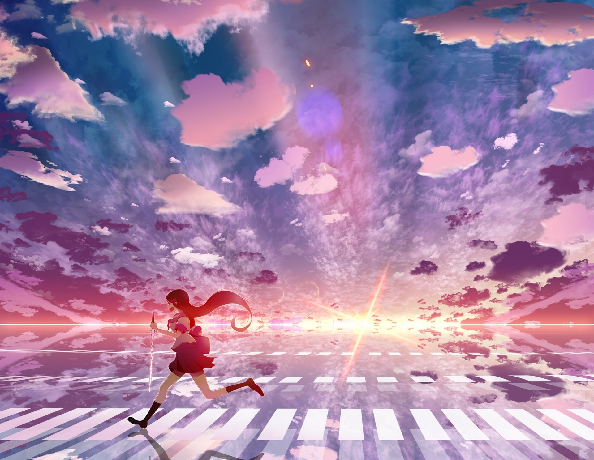 Anime girl running across a crosswalk under a colorful sky HD Wallpaper