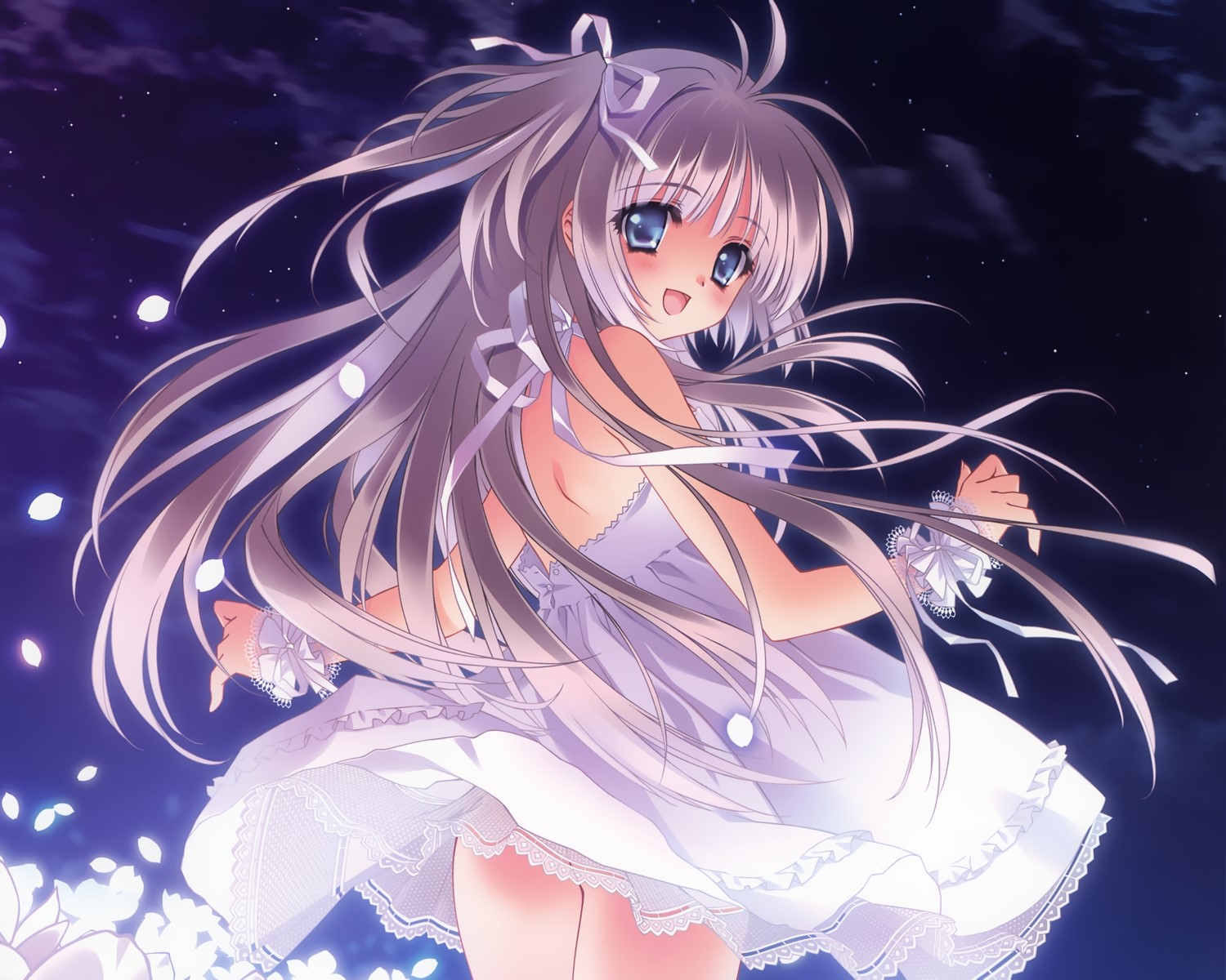 Anime Girl in White Dress Under Night Sky with Petals HD Wallpaper