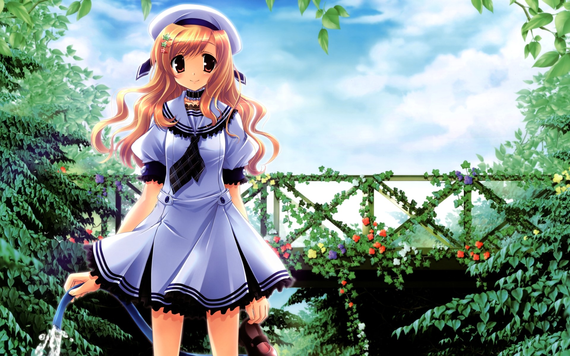 Anime Girl Watering Garden with Hose HD Wallpaper