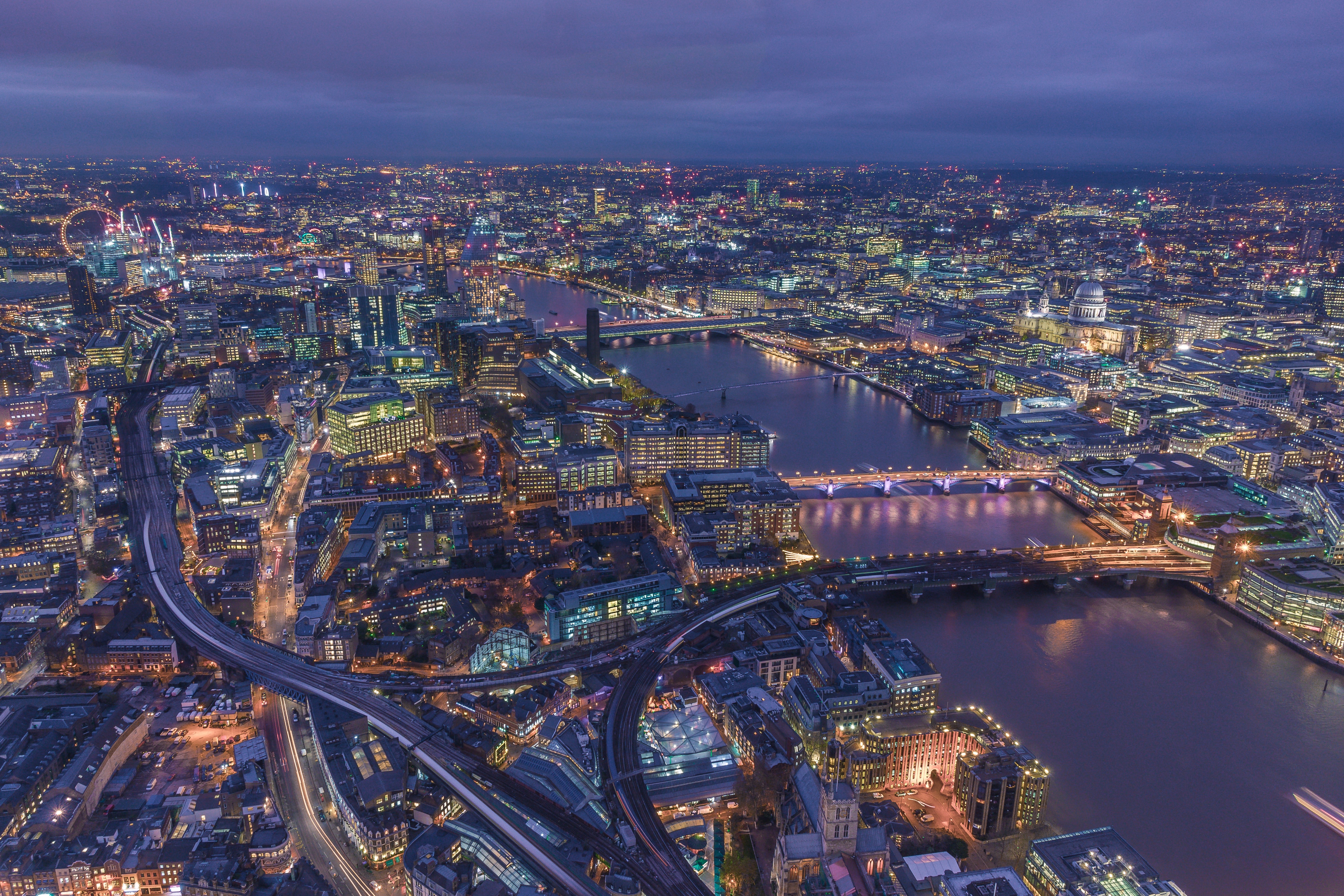 Aerial view of London at night with River Thames HD Wallpaper