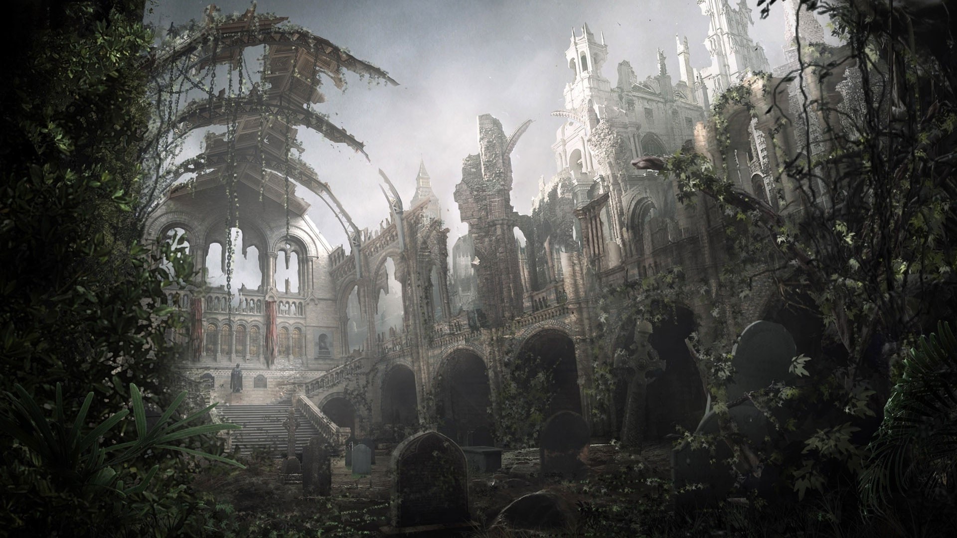 Ancient Overgrown Ruined Temple with Graves HD Wallpaper