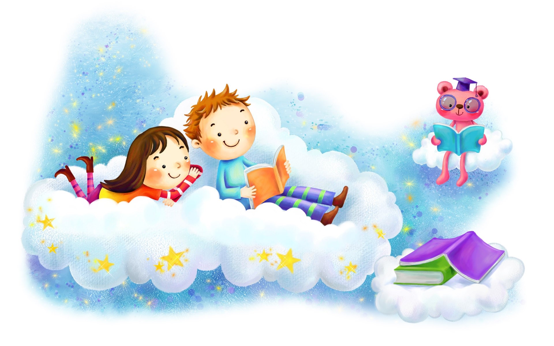 Children and teddy bear reading on clouds with stars HD Wallpaper