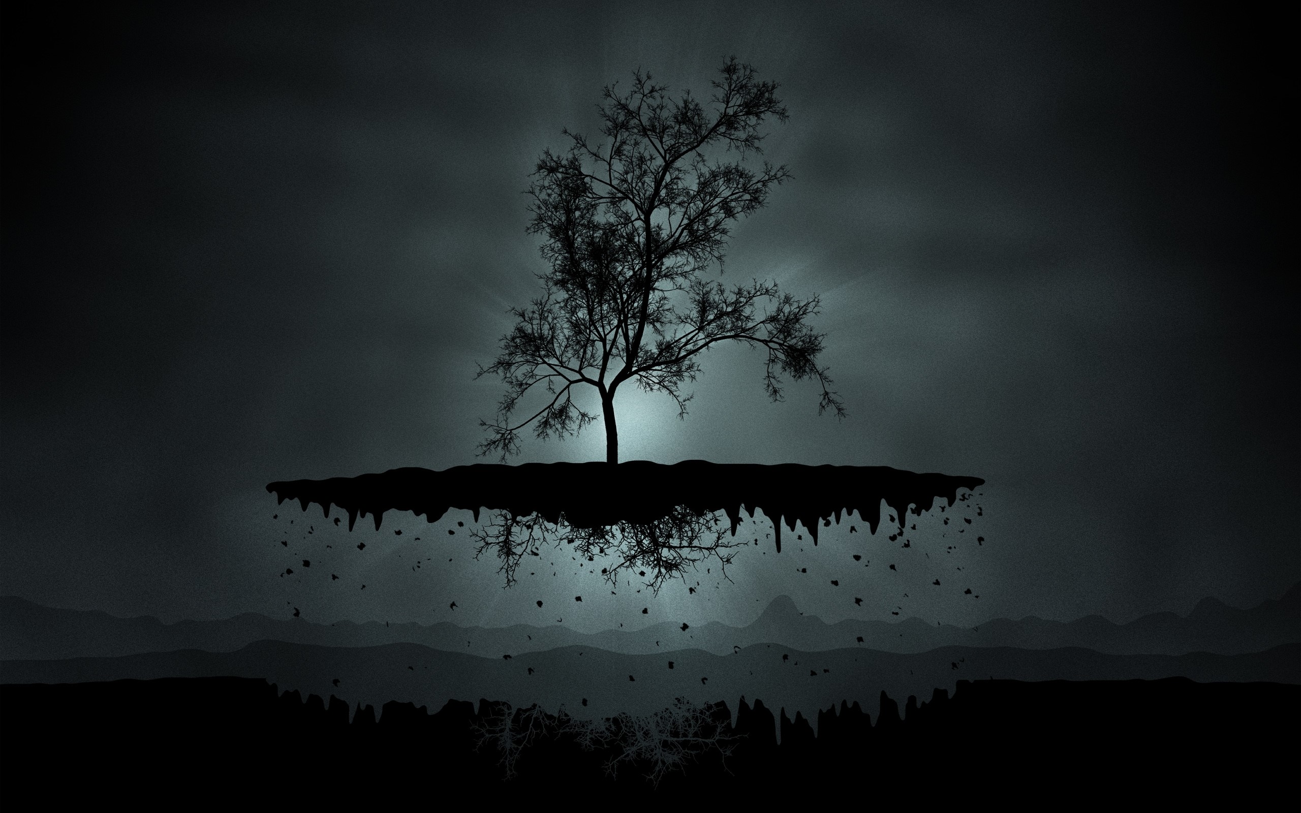 Floating island with a silhouetted tree HD Wallpaper