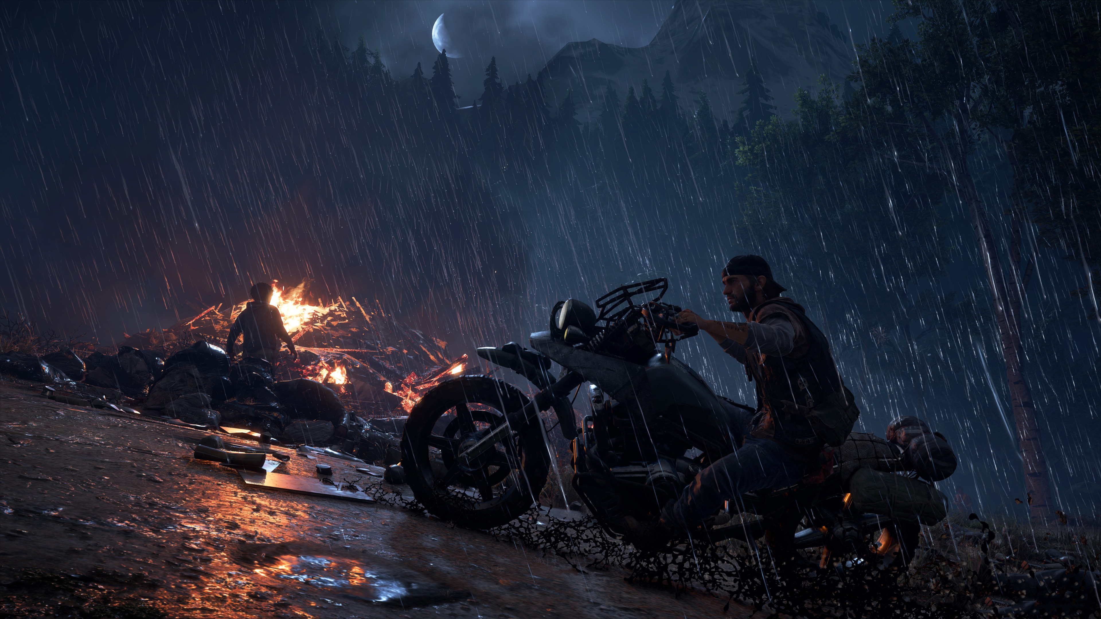 Man riding motorcycle in rain near campfire in Days Gone HD Wallpaper