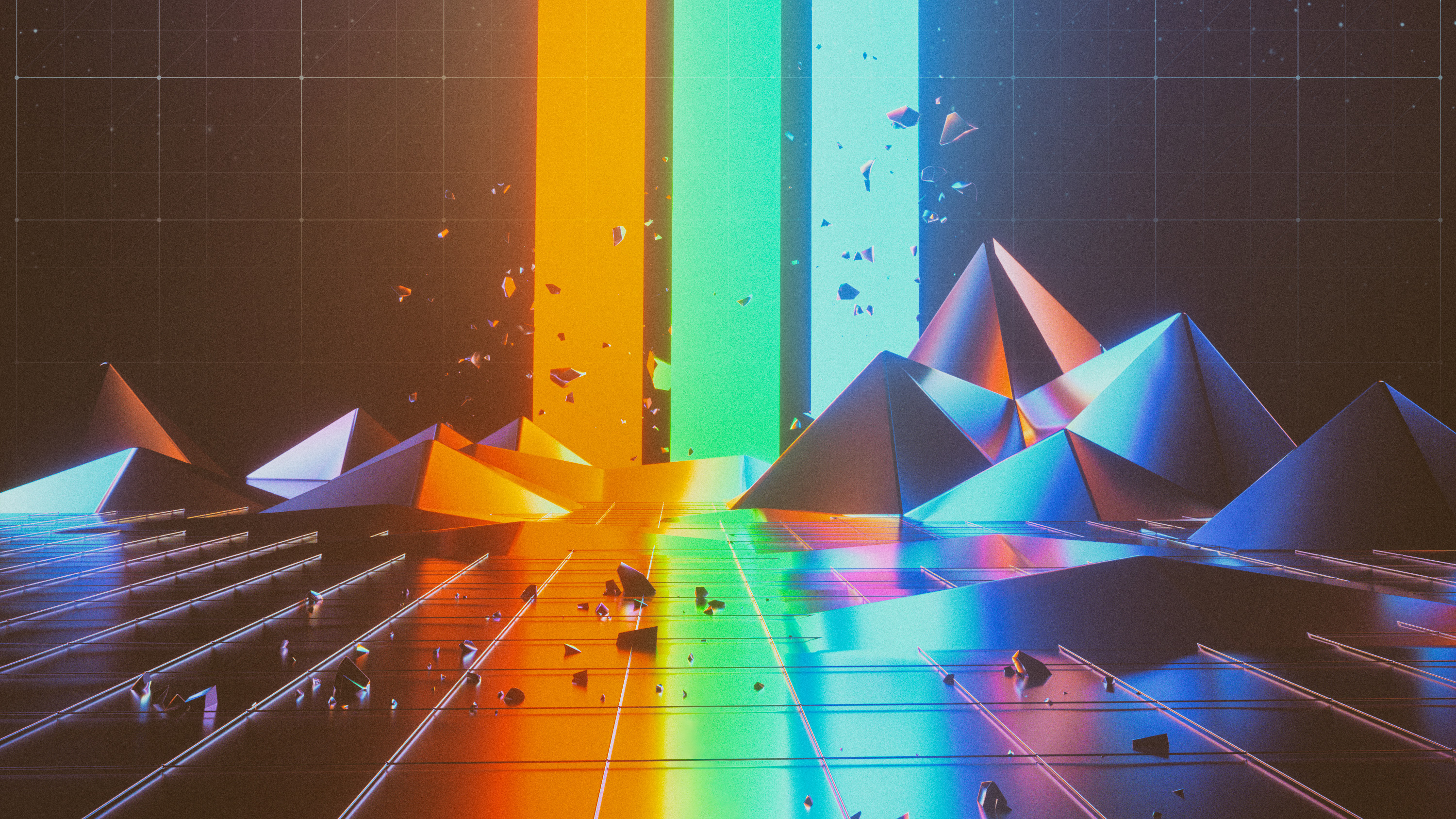 Abstract geometric landscape with colorful light beams HD Wallpaper