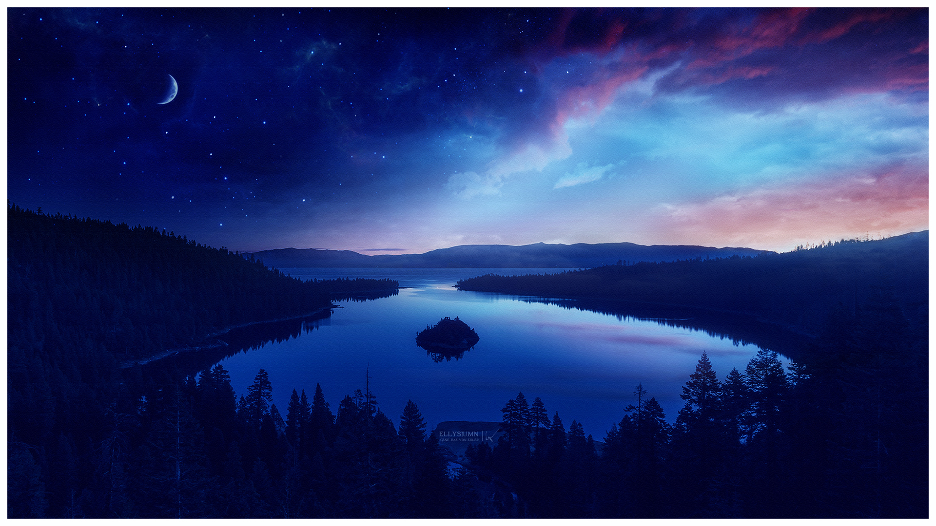 Twilight lake landscape with crescent moon and stars HD Wallpaper