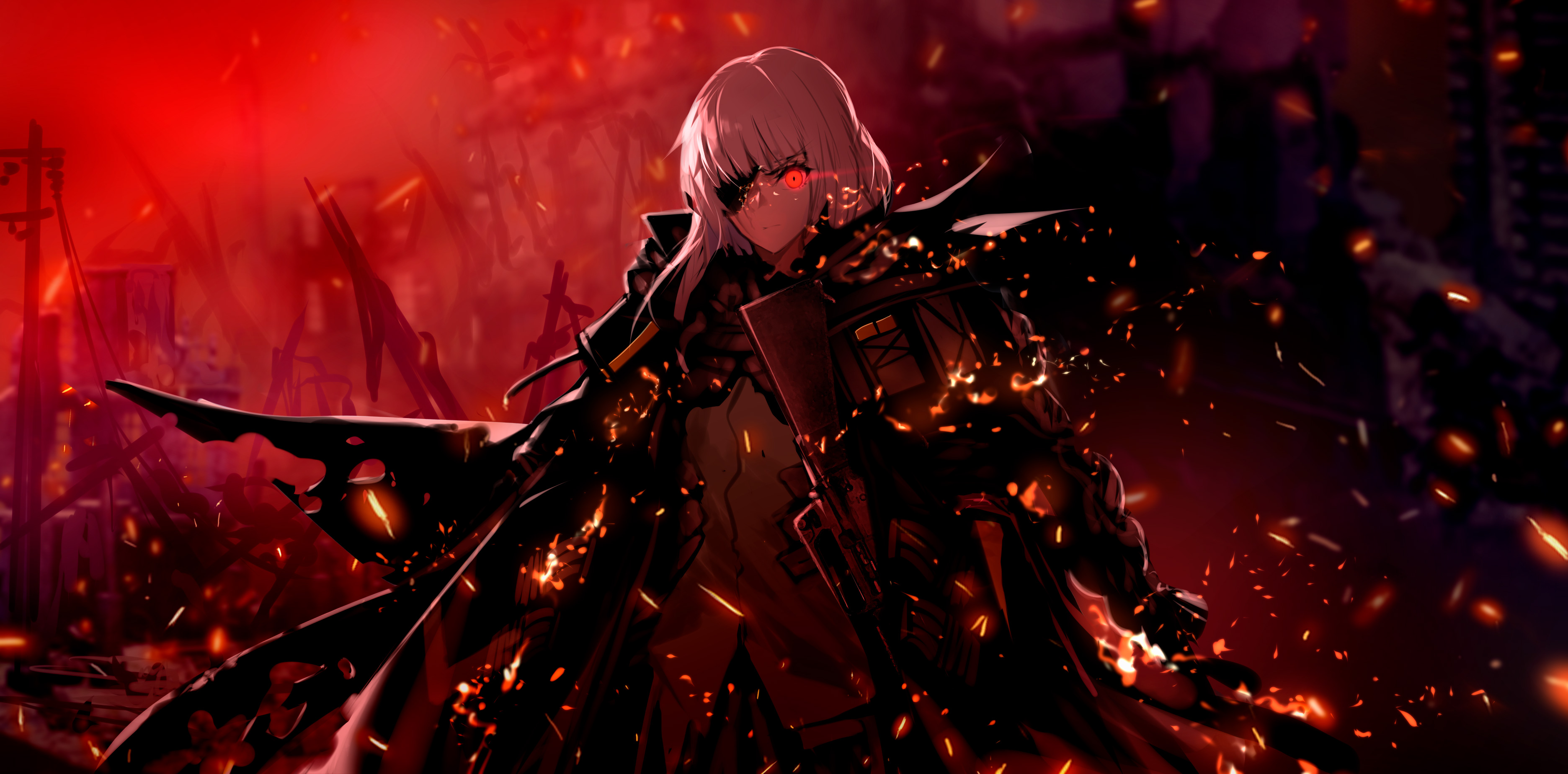 Anime girl with red eyes and eyepatch in fire HD Wallpaper