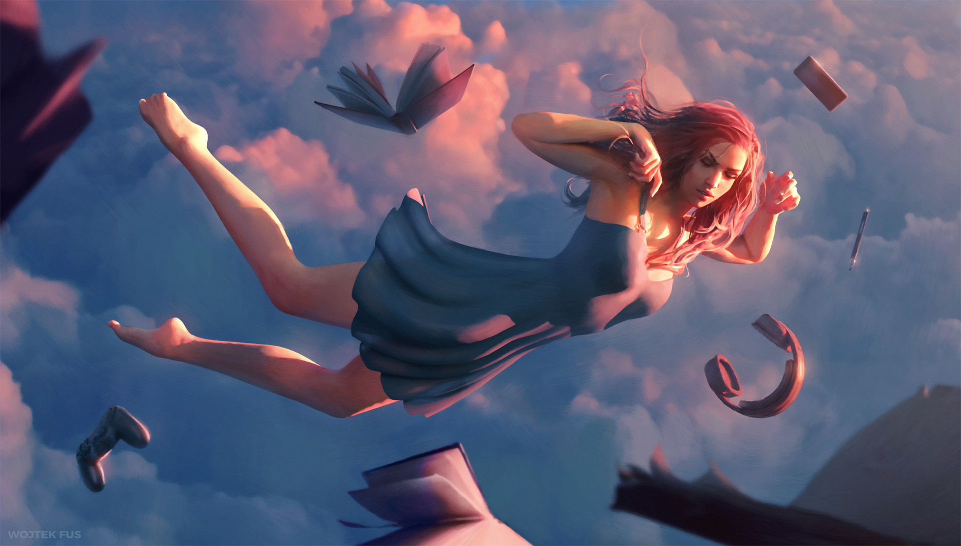 Woman falling through clouds with books and objects HD Wallpaper
