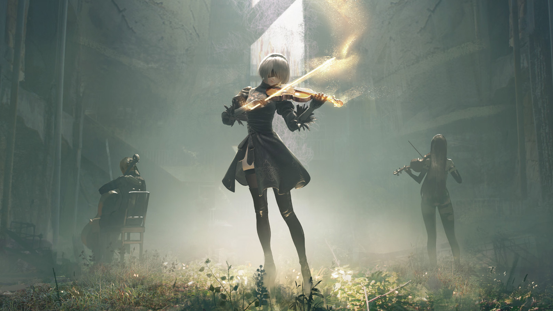2B and other androids playing violins in Nier: Automata HD Wallpaper