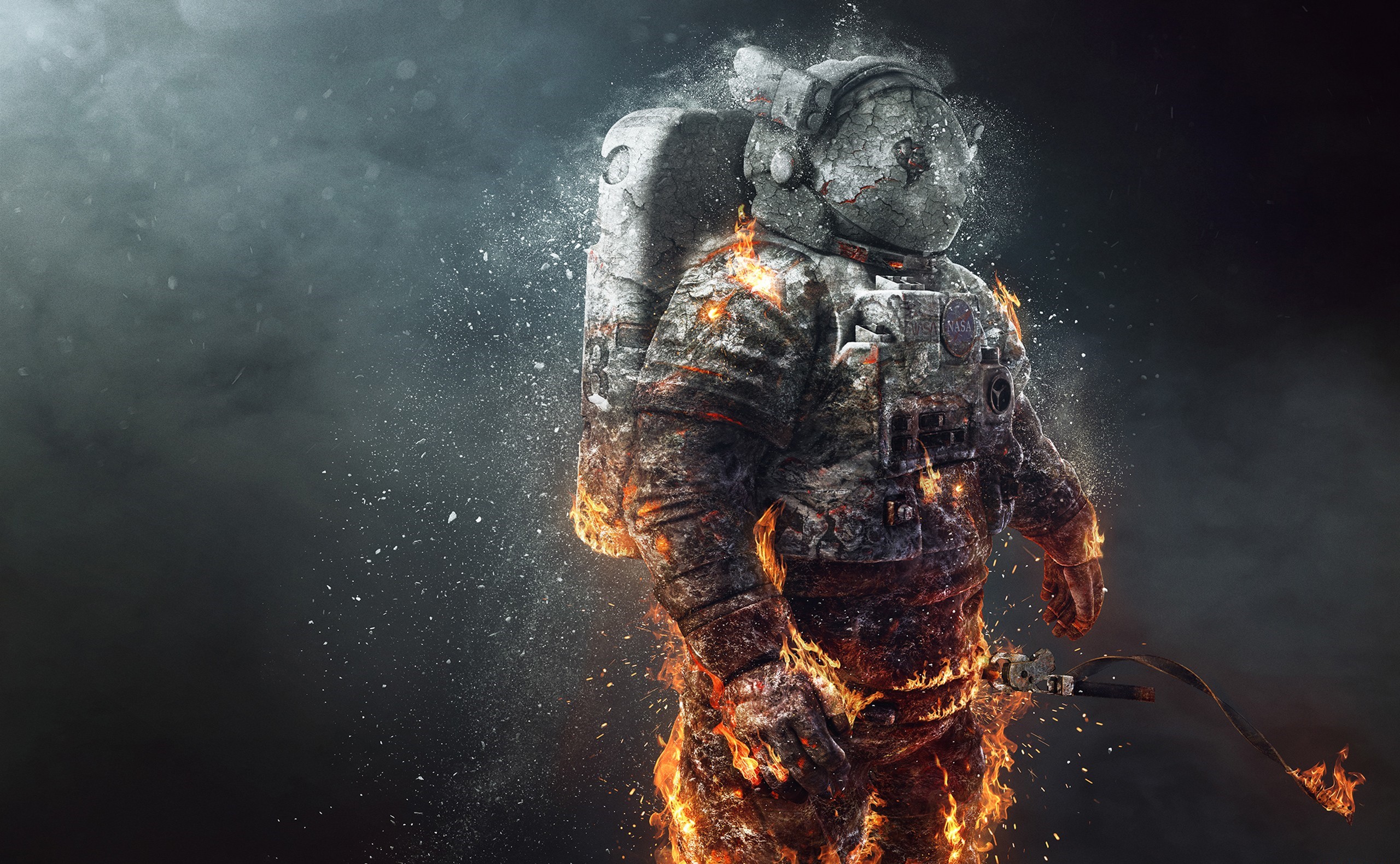 Astronaut Engulfed in Flames in Sci-Fi Setting HD Wallpaper