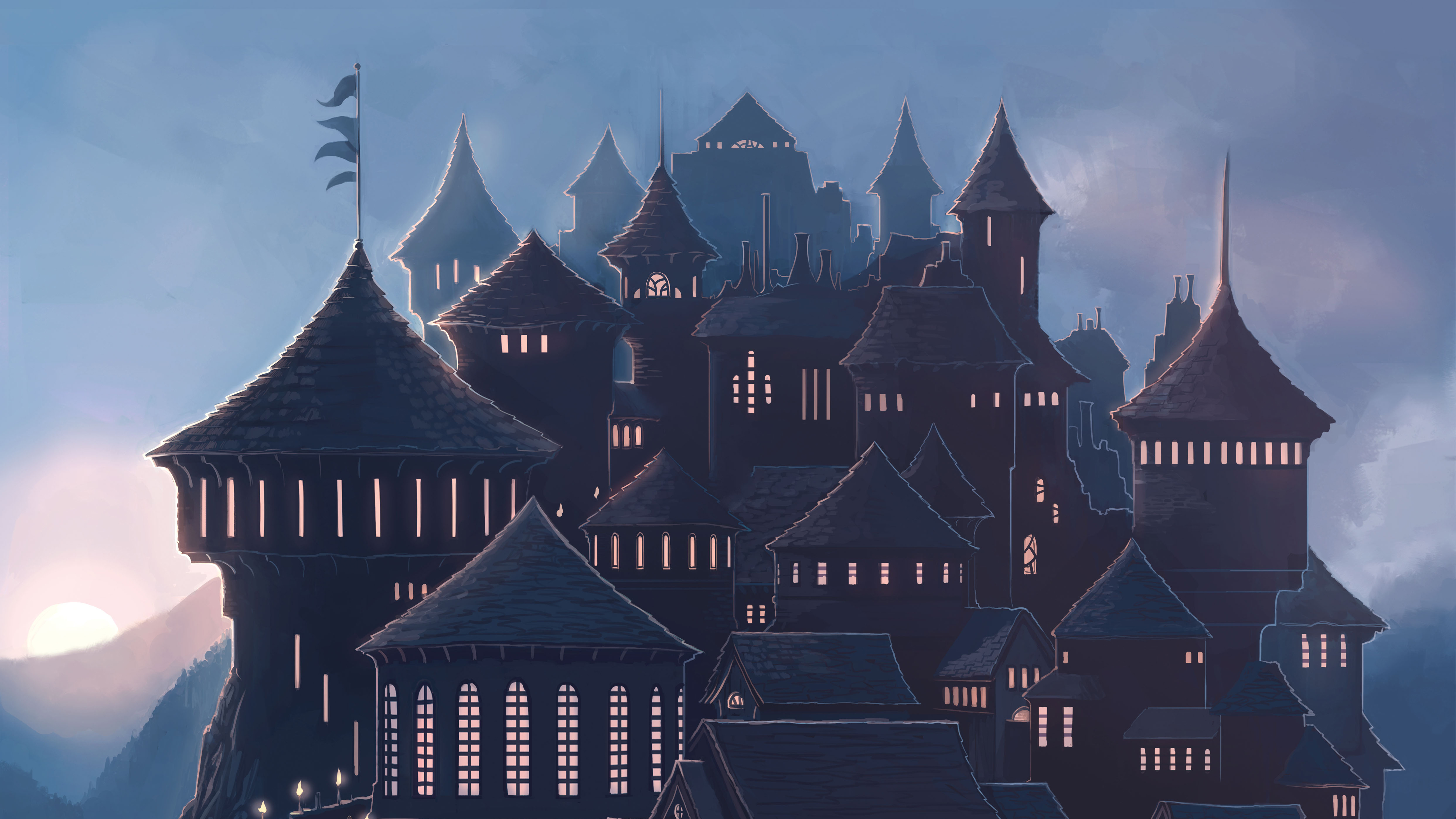 Fantasy castle at sunrise HD Wallpaper