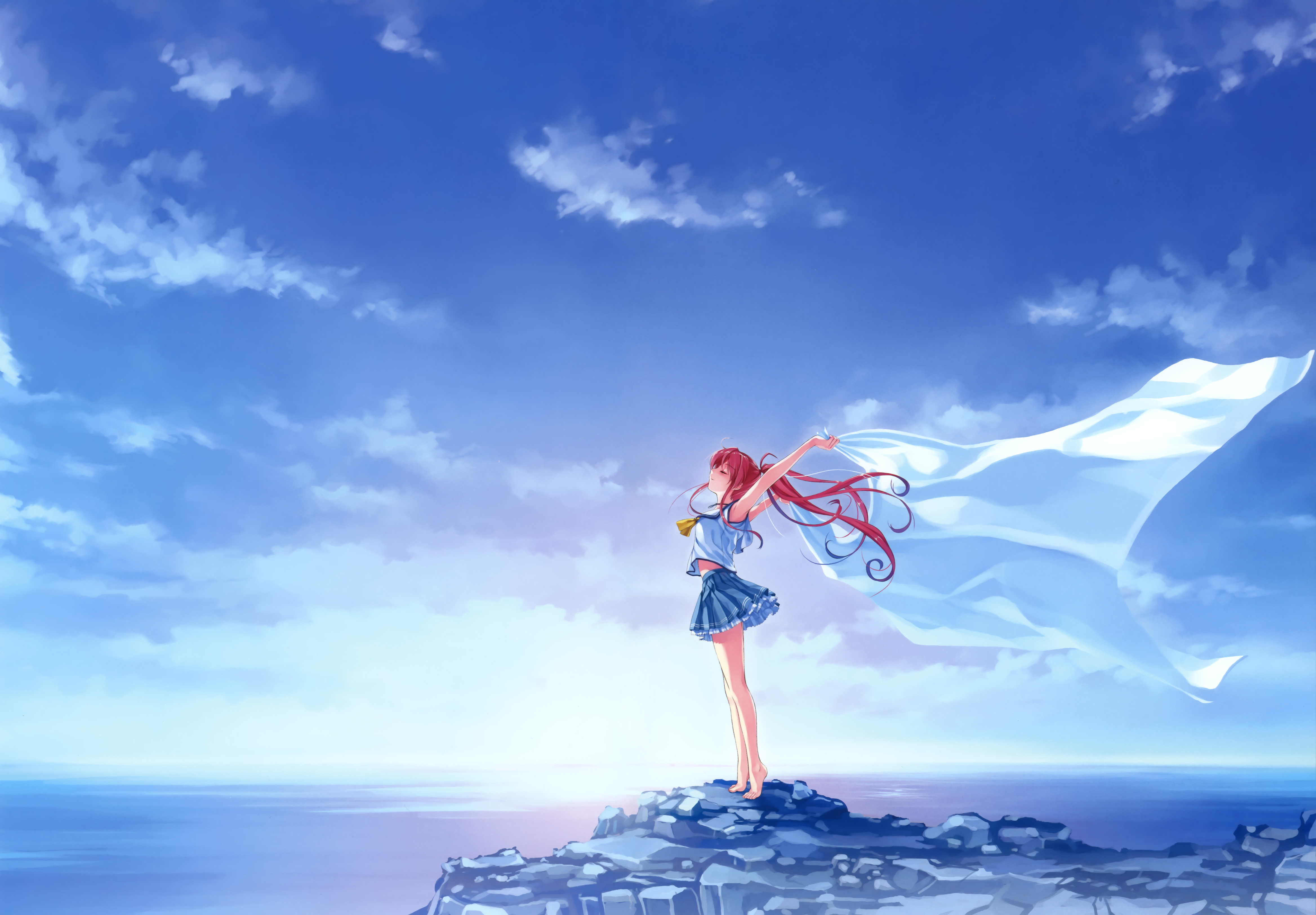 Anime girl with red hair on a cliff HD Wallpaper