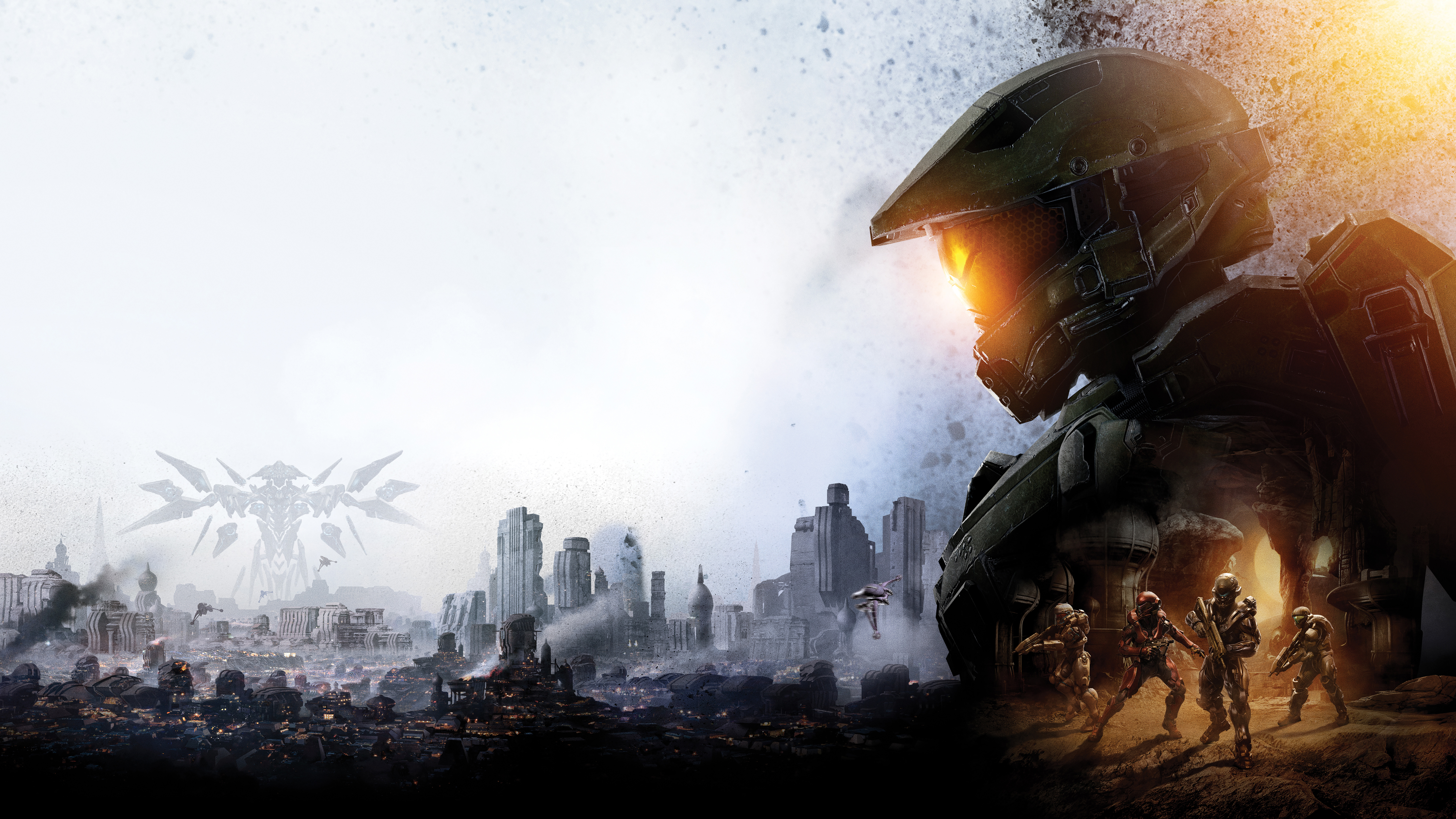 Master Chief and UNSC soldiers in a ruined city with a Covenant weapon HD Wallpaper