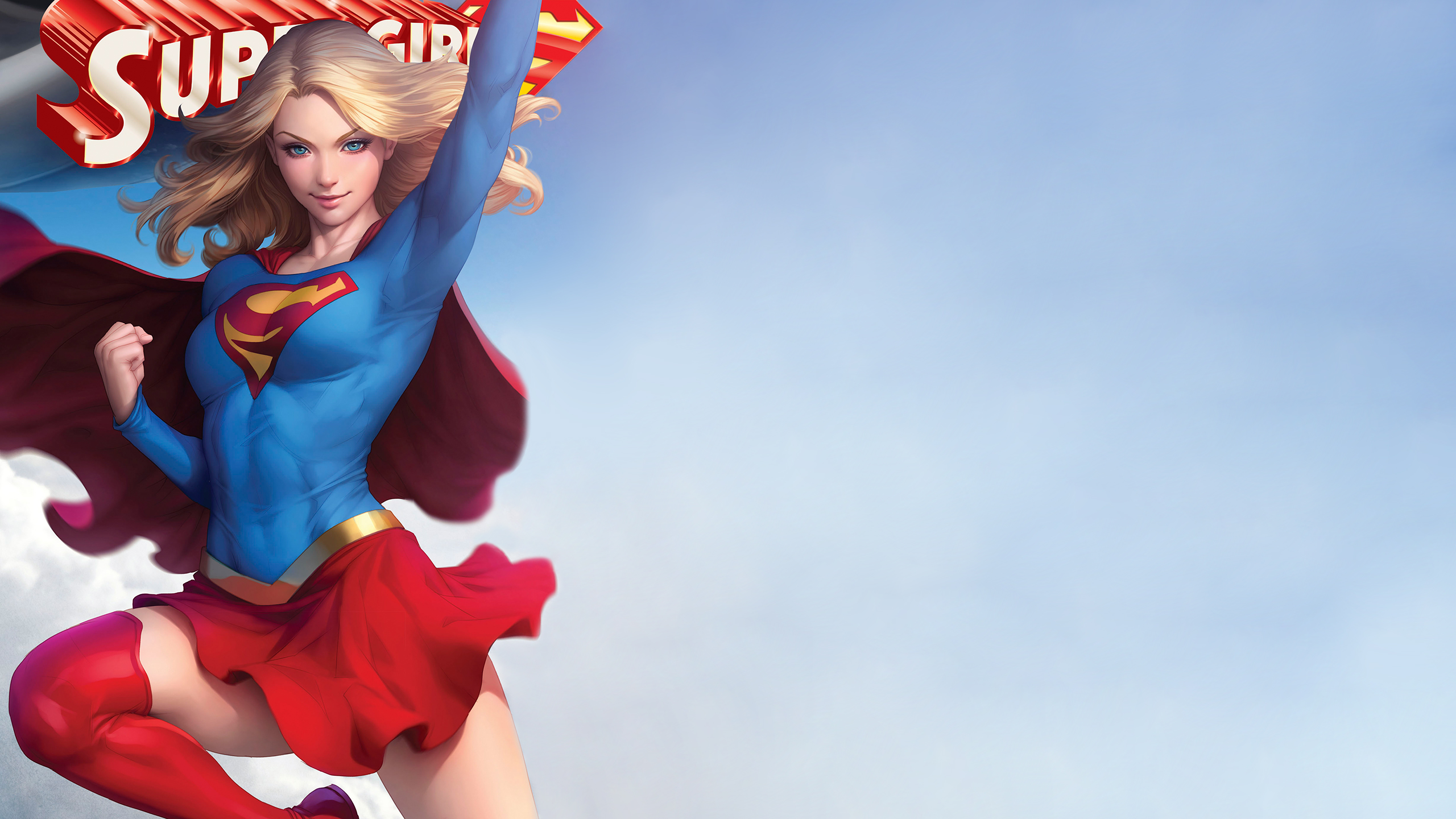 Dynamic Supergirl Flying Pose in Bright Sky HD Wallpaper
