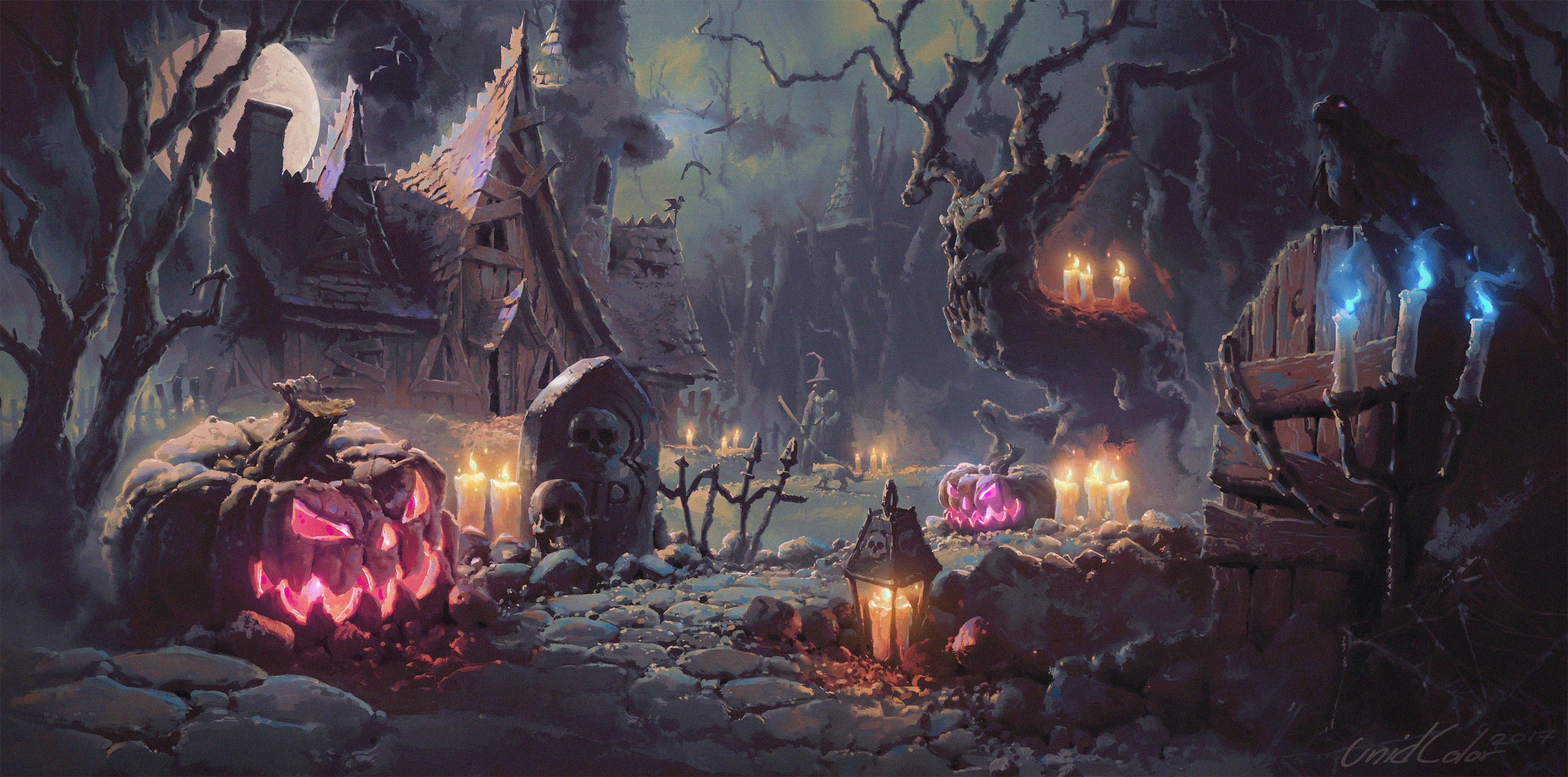 Halloween scene with carved pumpkins and a haunted house HD Wallpaper
