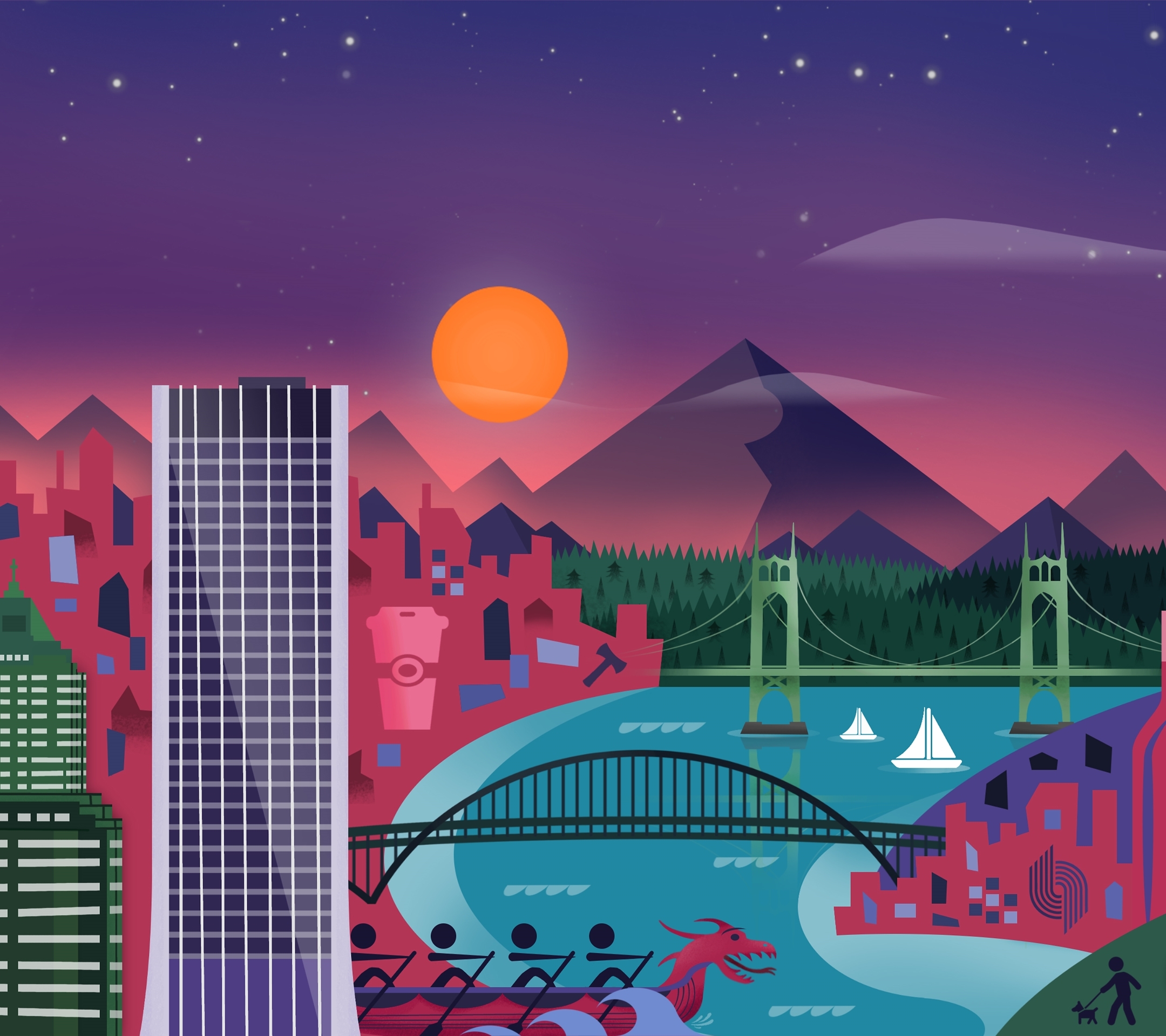 Minimalist Cityscape with Mountains and River at Sunset HD Wallpaper