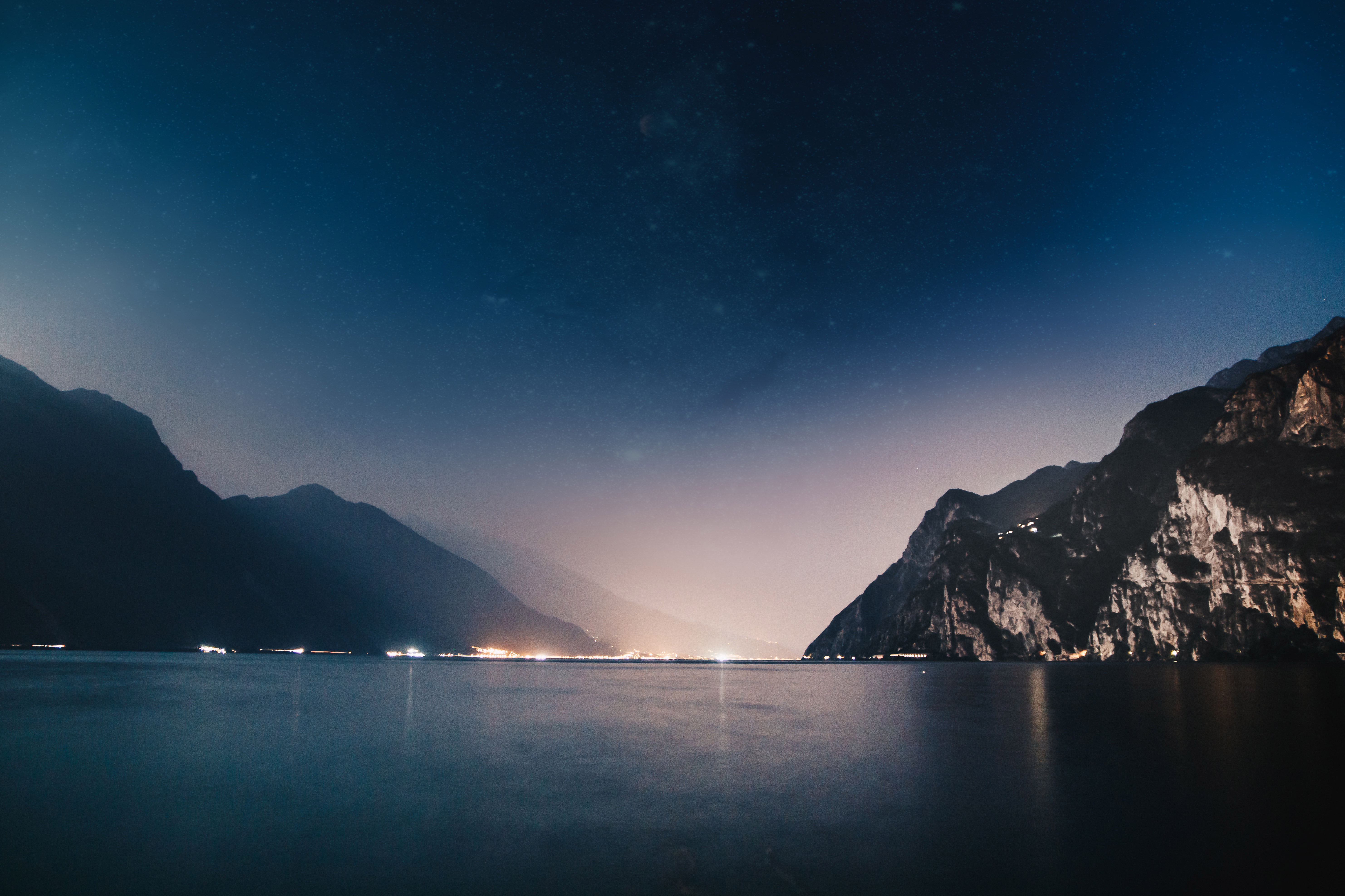 Mountains and lake at night with stars HD Wallpaper