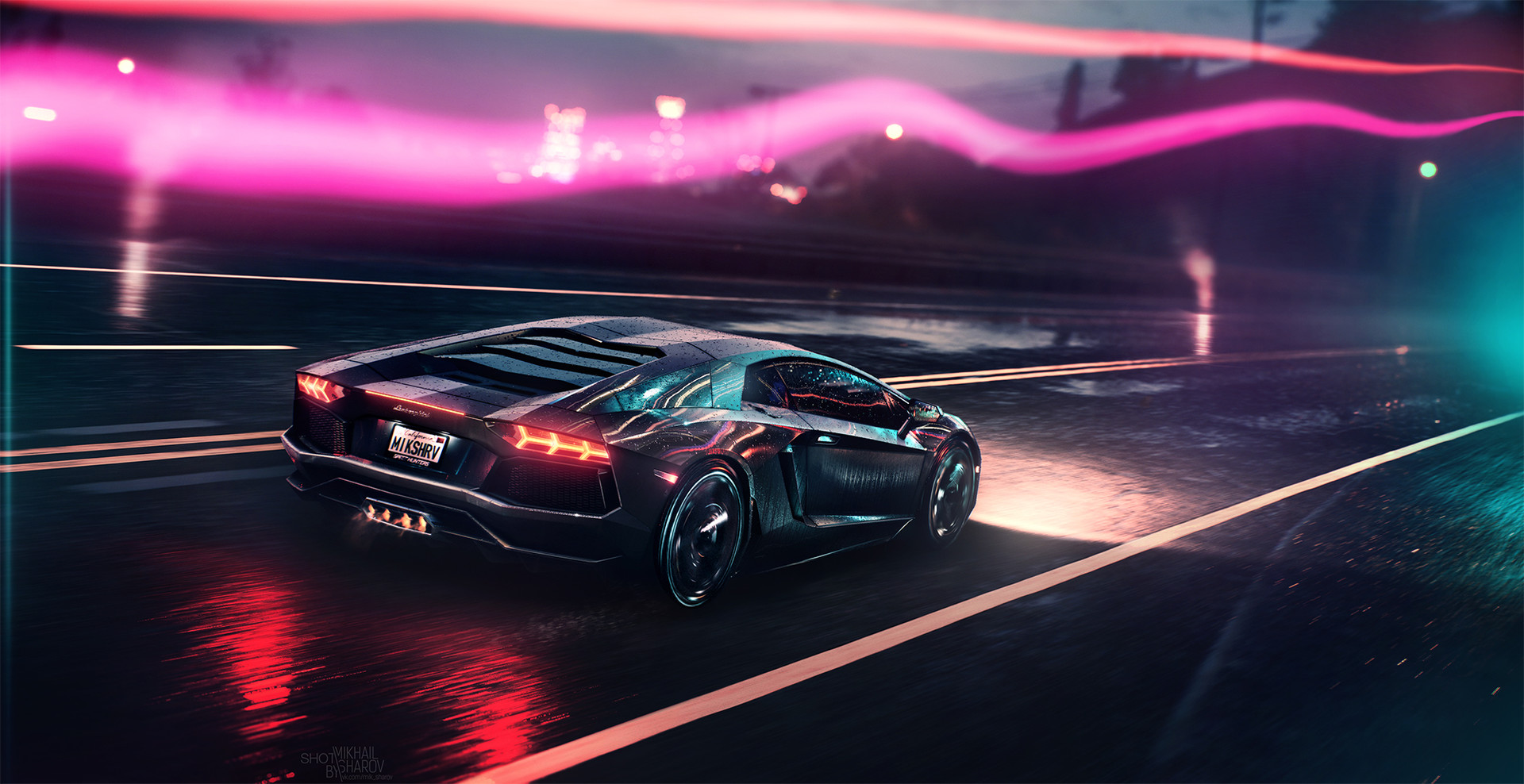 Lamborghini driving on a wet road with neon lights HD Wallpaper