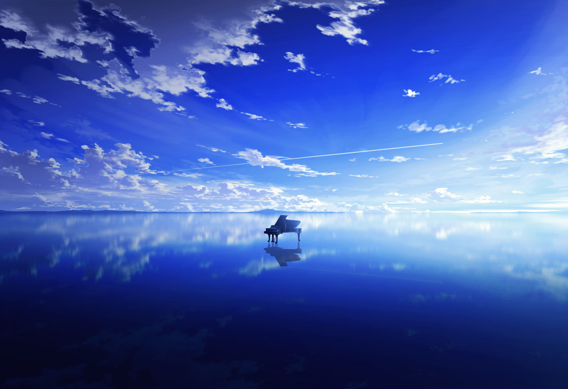 Piano on a reflective body of water under a cloudy sky HD Wallpaper