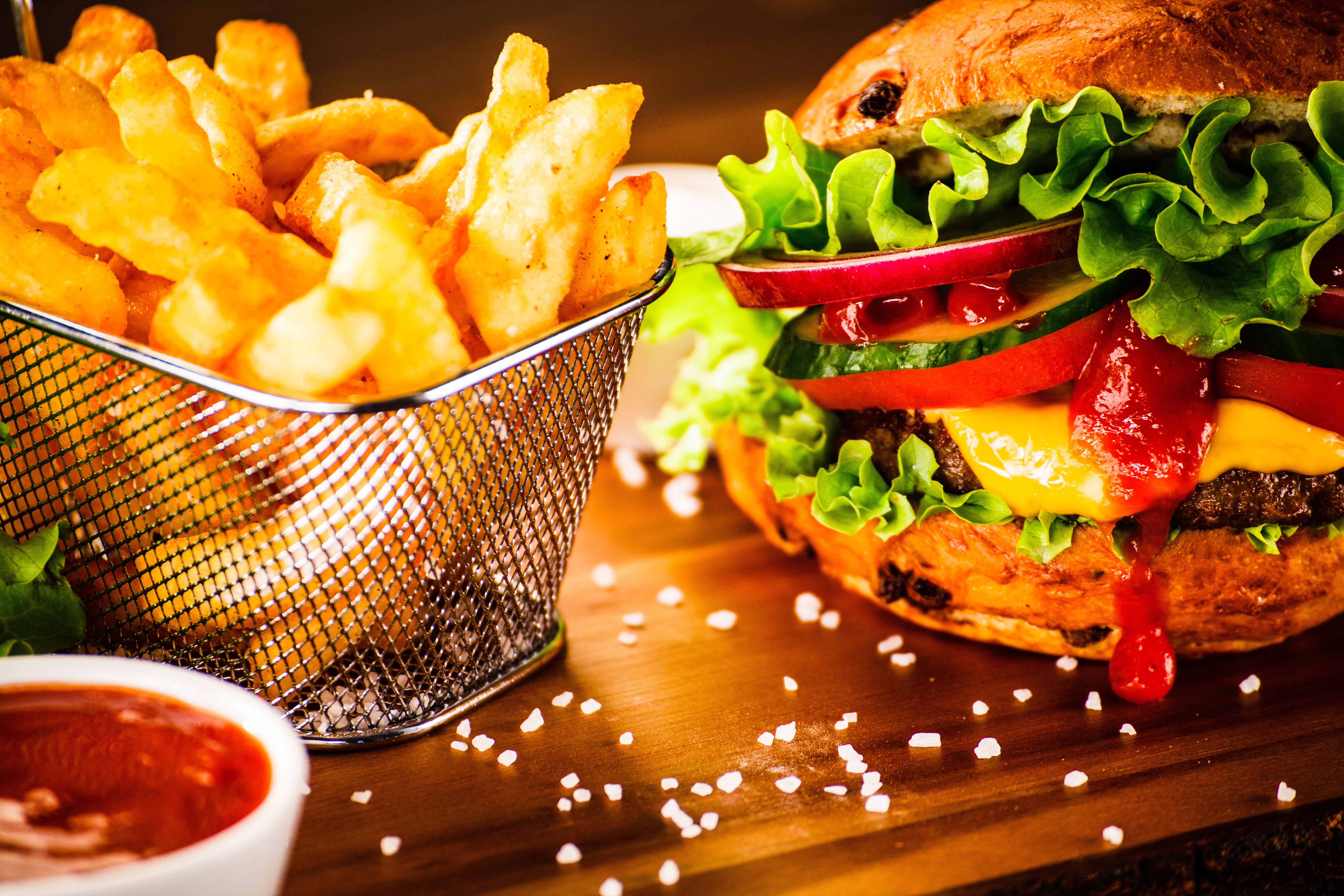 Burger and French Fries Still Life HD Wallpaper