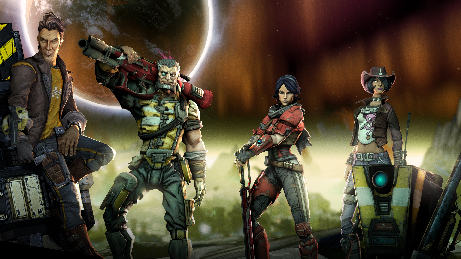Borderlands characters Handsome Jack, Athena, Nisha, and Wilhelm HD Wallpaper