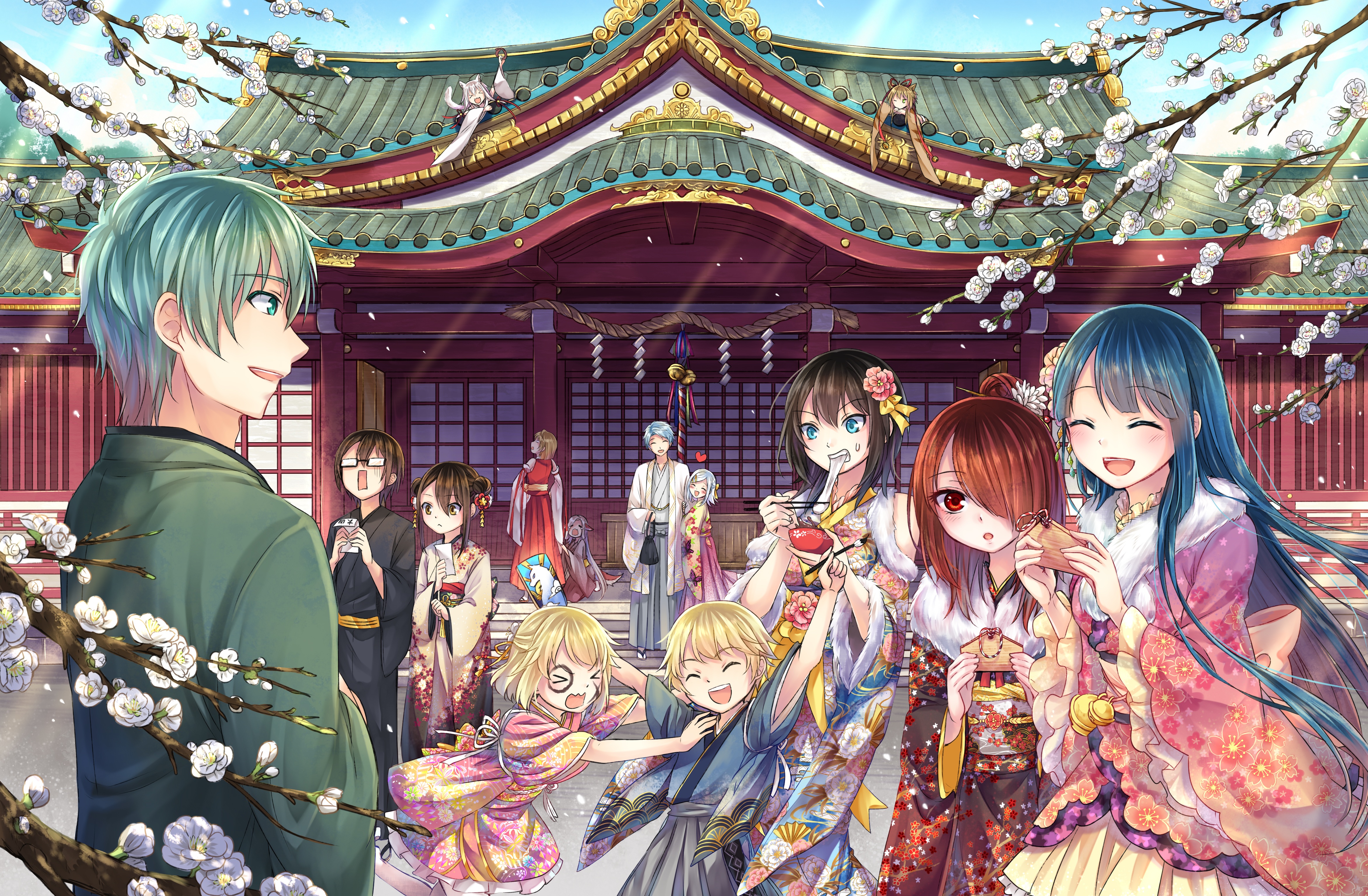 Anime characters in Kimonos at a Japanese Shrine for New Year HD Wallpaper