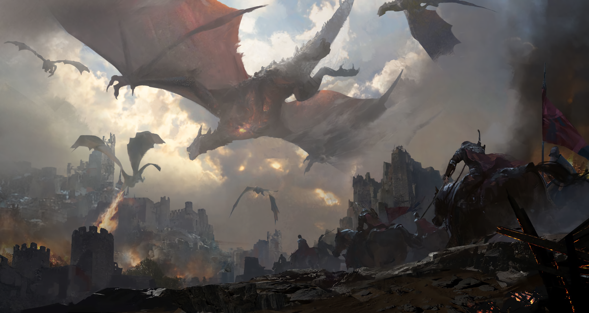 Dragons attacking a medieval castle with knights on horseback HD Wallpaper