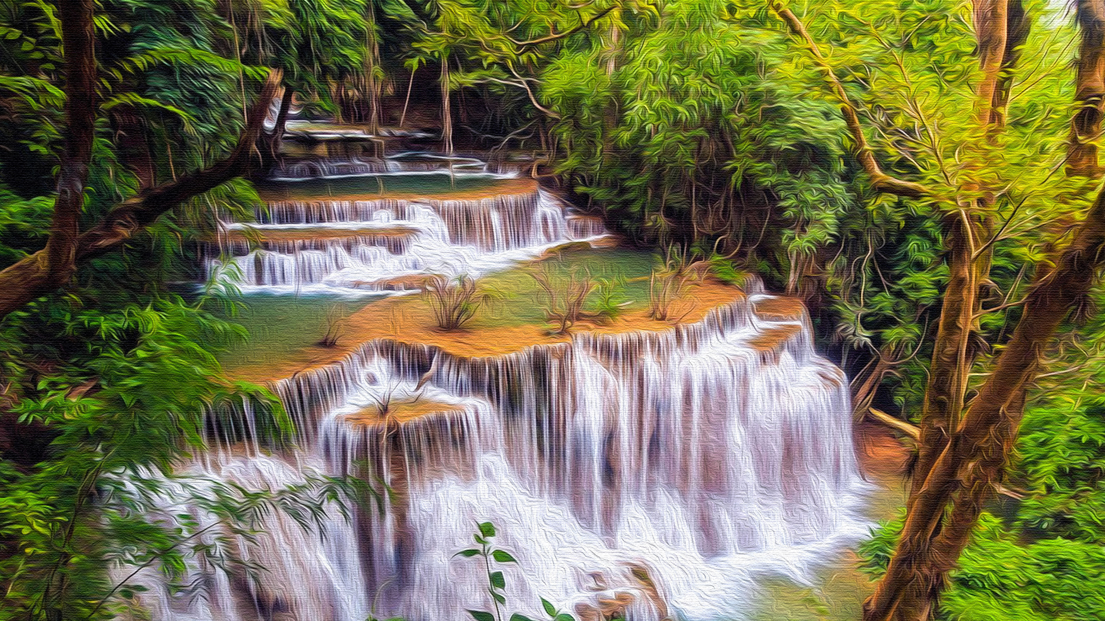 Tranquil Multi-Tiered Waterfall in Lush Forest HD Wallpaper