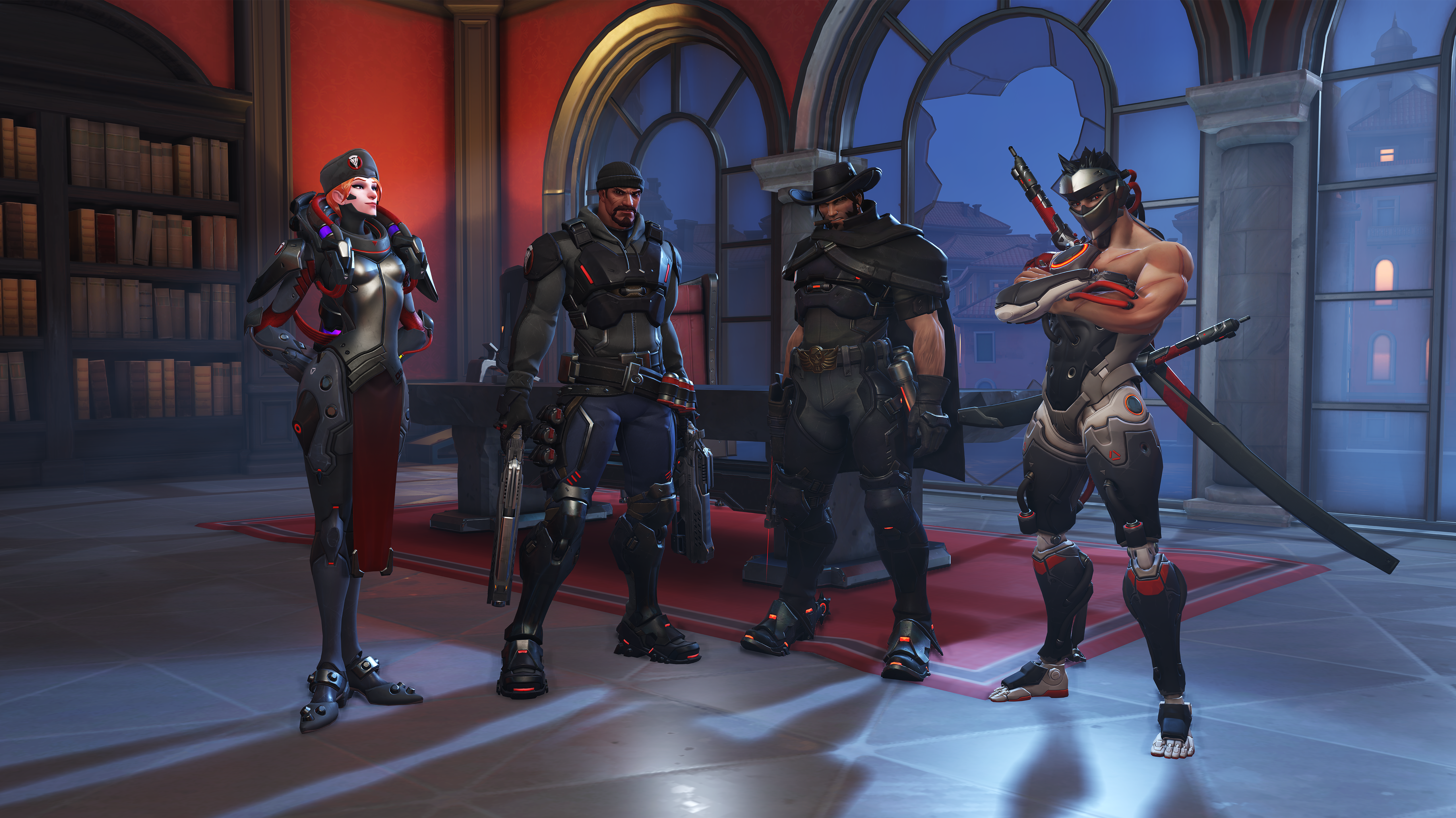 Overwatch characters Moira, Reaper, McCree, and Hanzo in a library HD Wallpaper