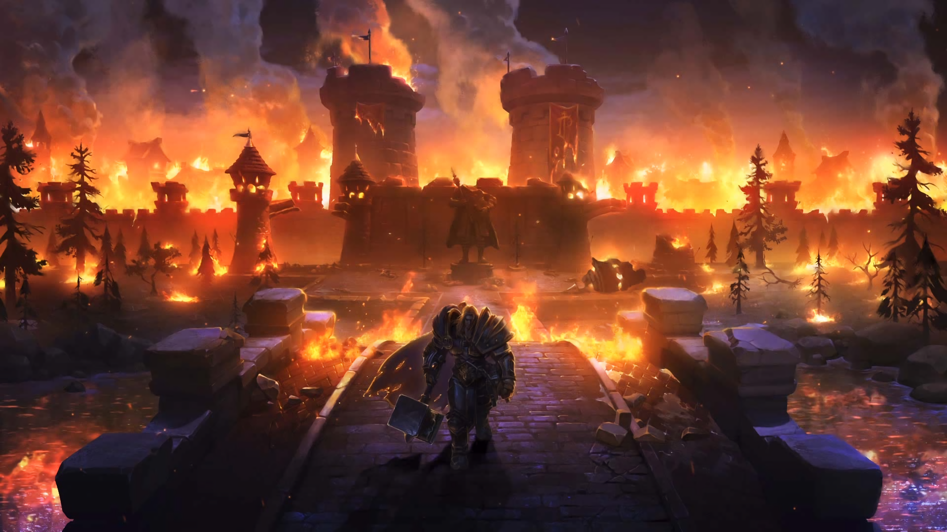 Arthas Menethil from Warcraft in a burning city HD Wallpaper