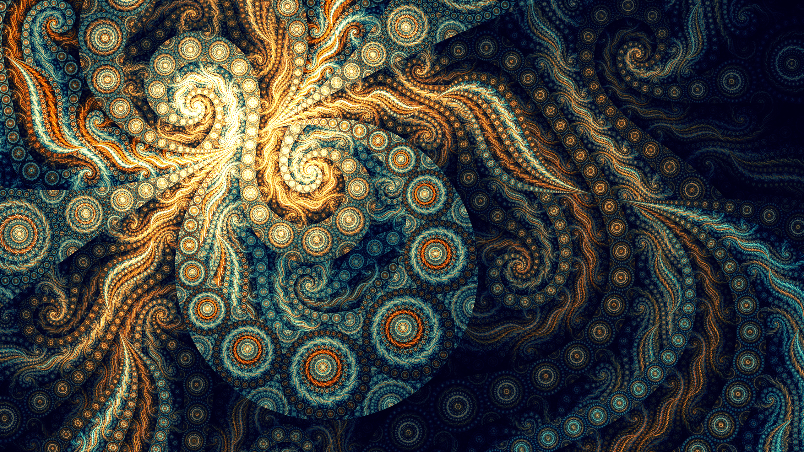 Intricate Fractal Swirl with Golden and Blue Patterns HD Wallpaper