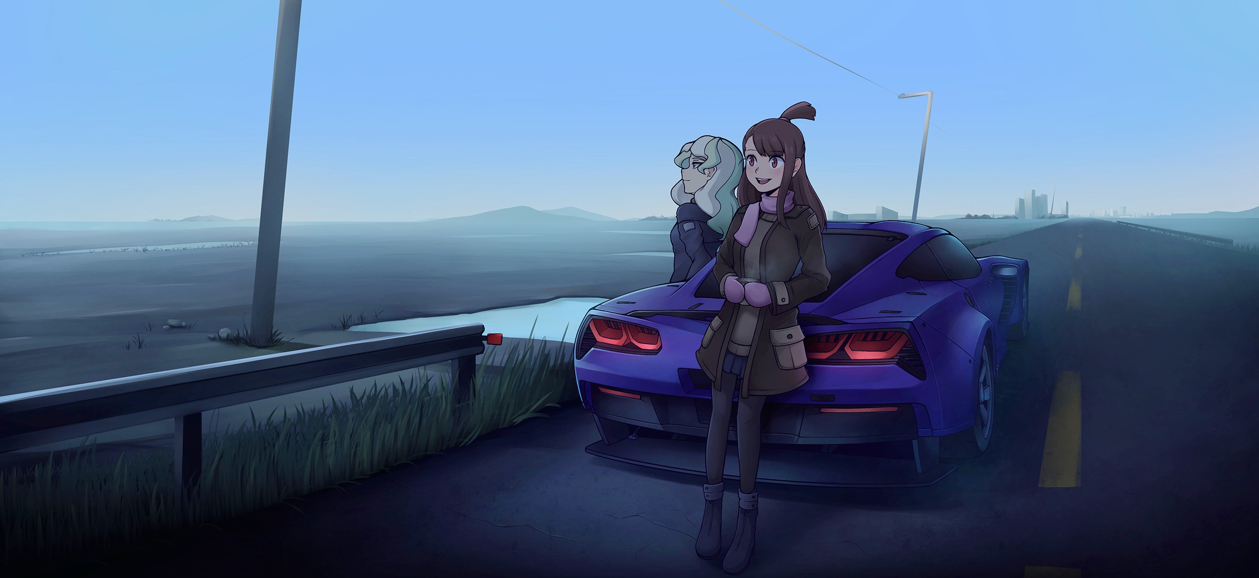 Diana Cavendish and Atsuko Kagari with a car HD Wallpaper
