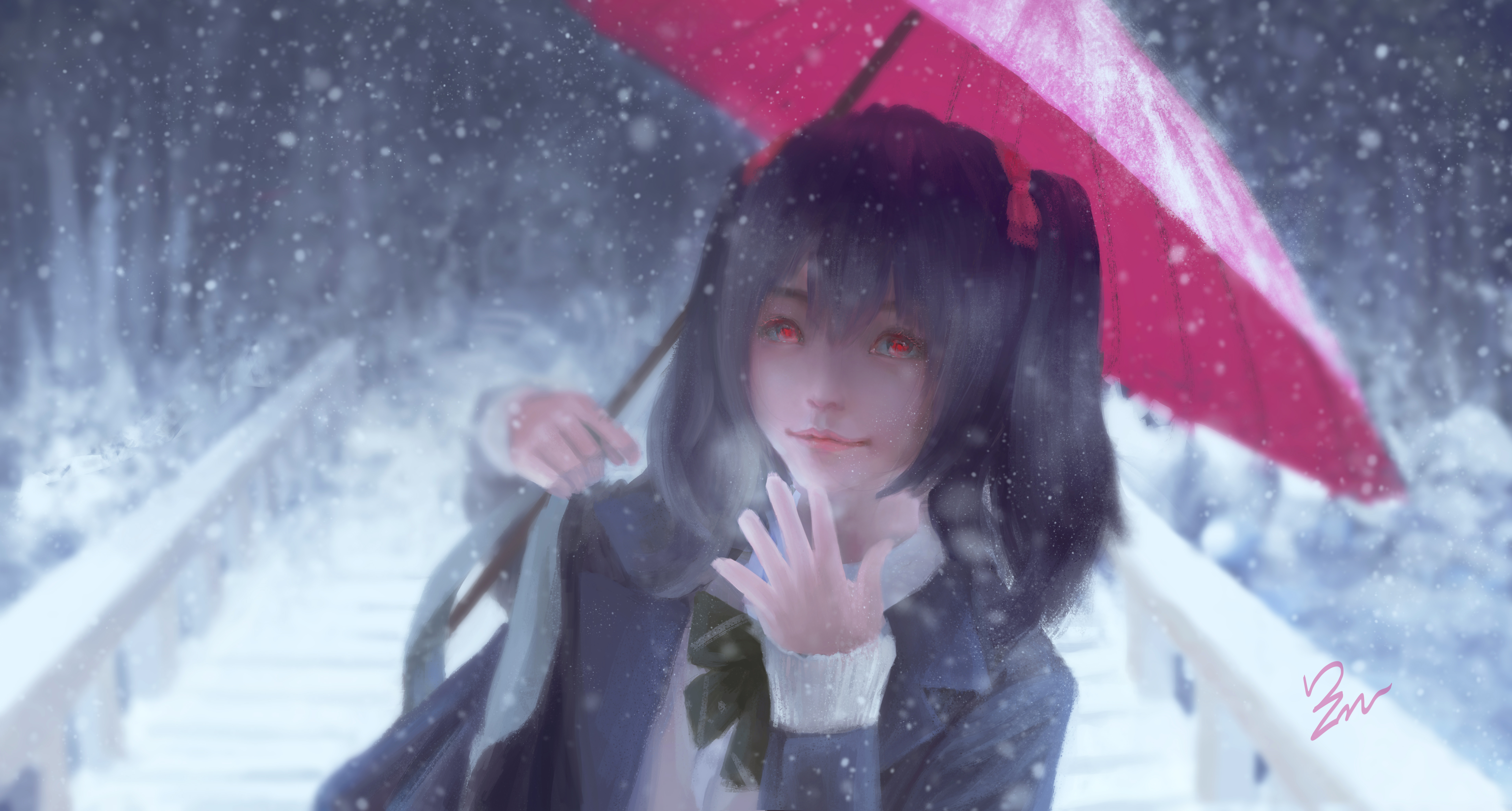 Nico Yazawa Holding Red Umbrella in Snowy Landscape HD Wallpaper