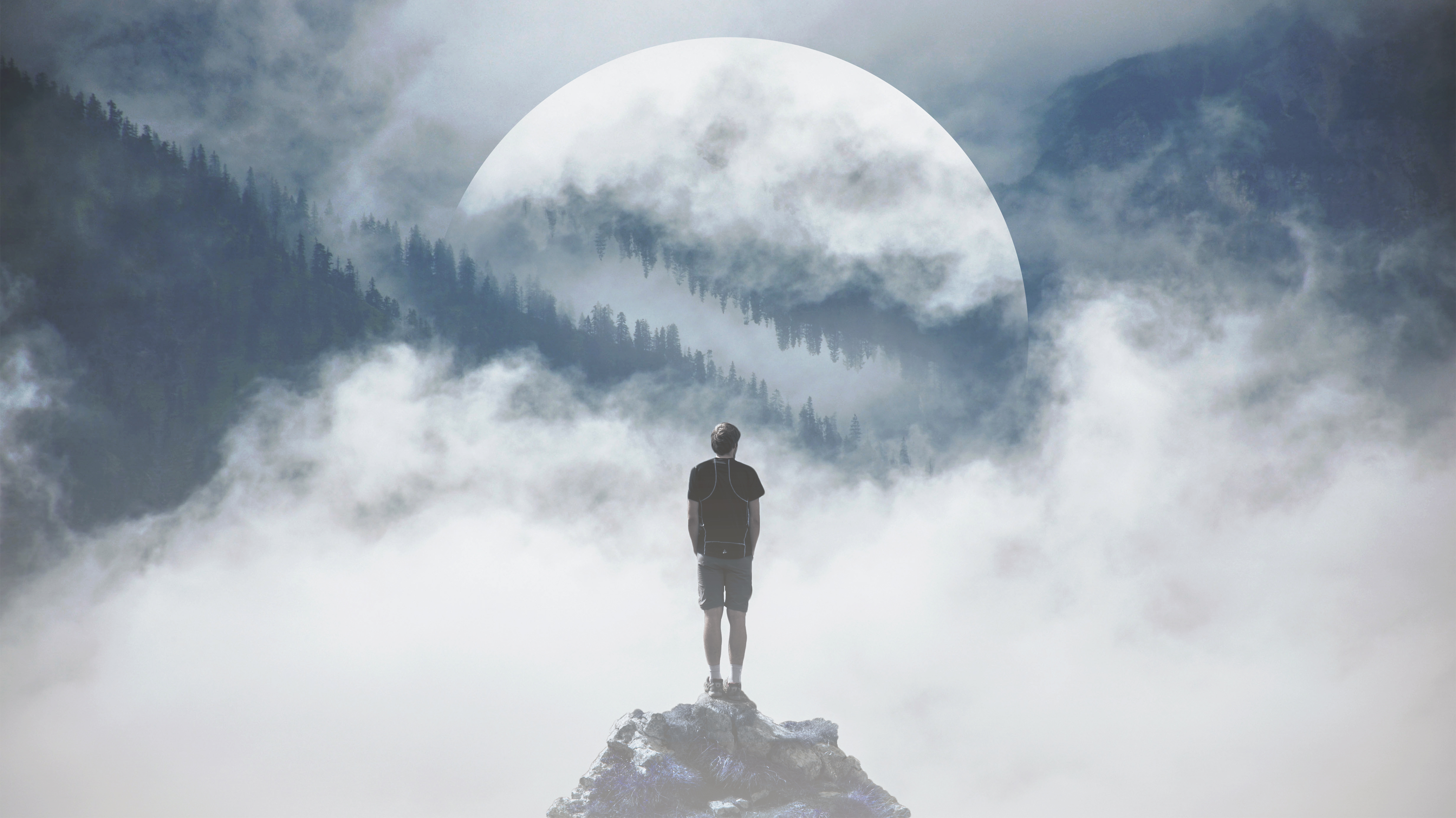 Man on mountain peak with moon and forest HD Wallpaper