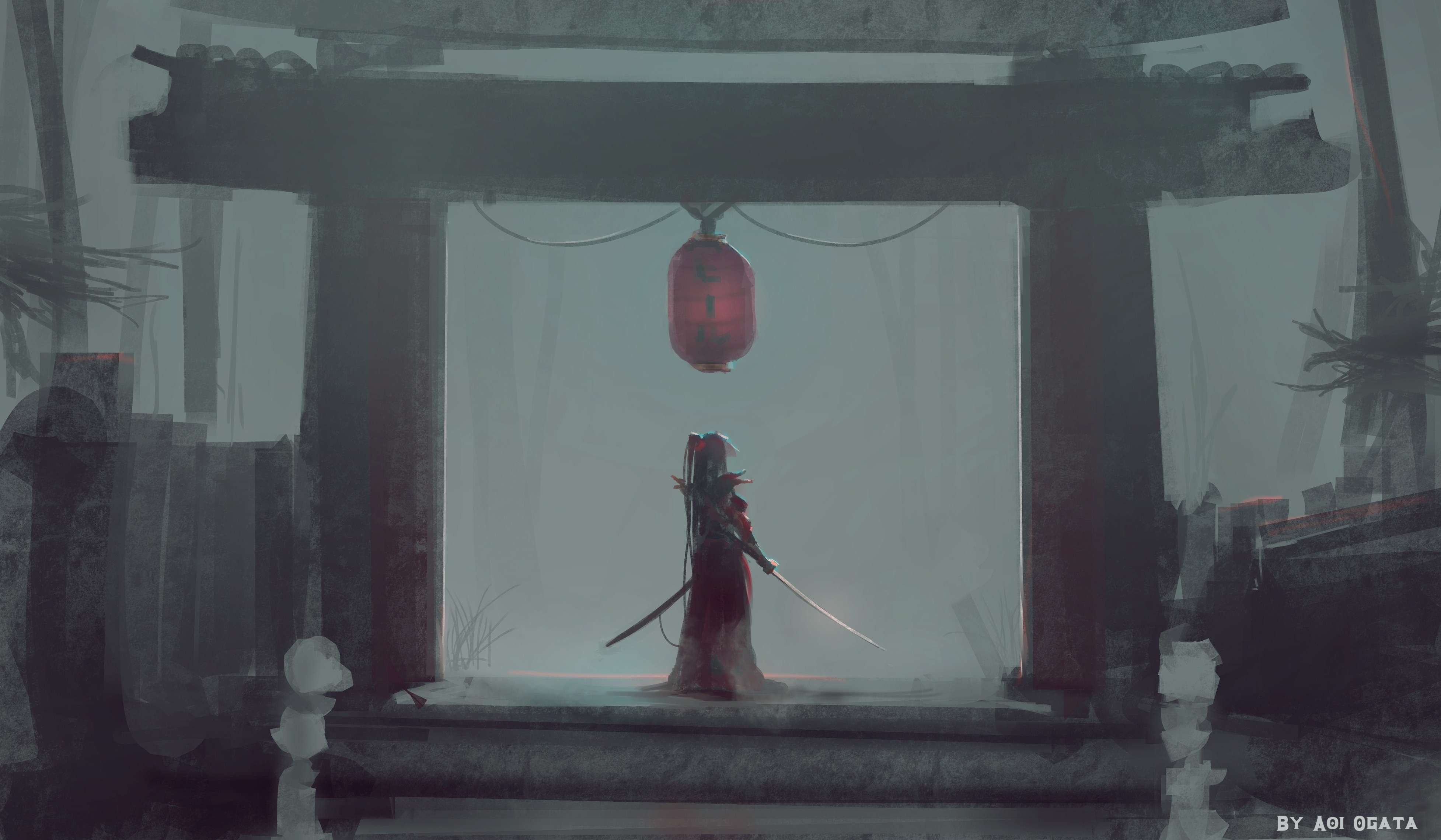 Samurai girl with sword under lantern HD Wallpaper