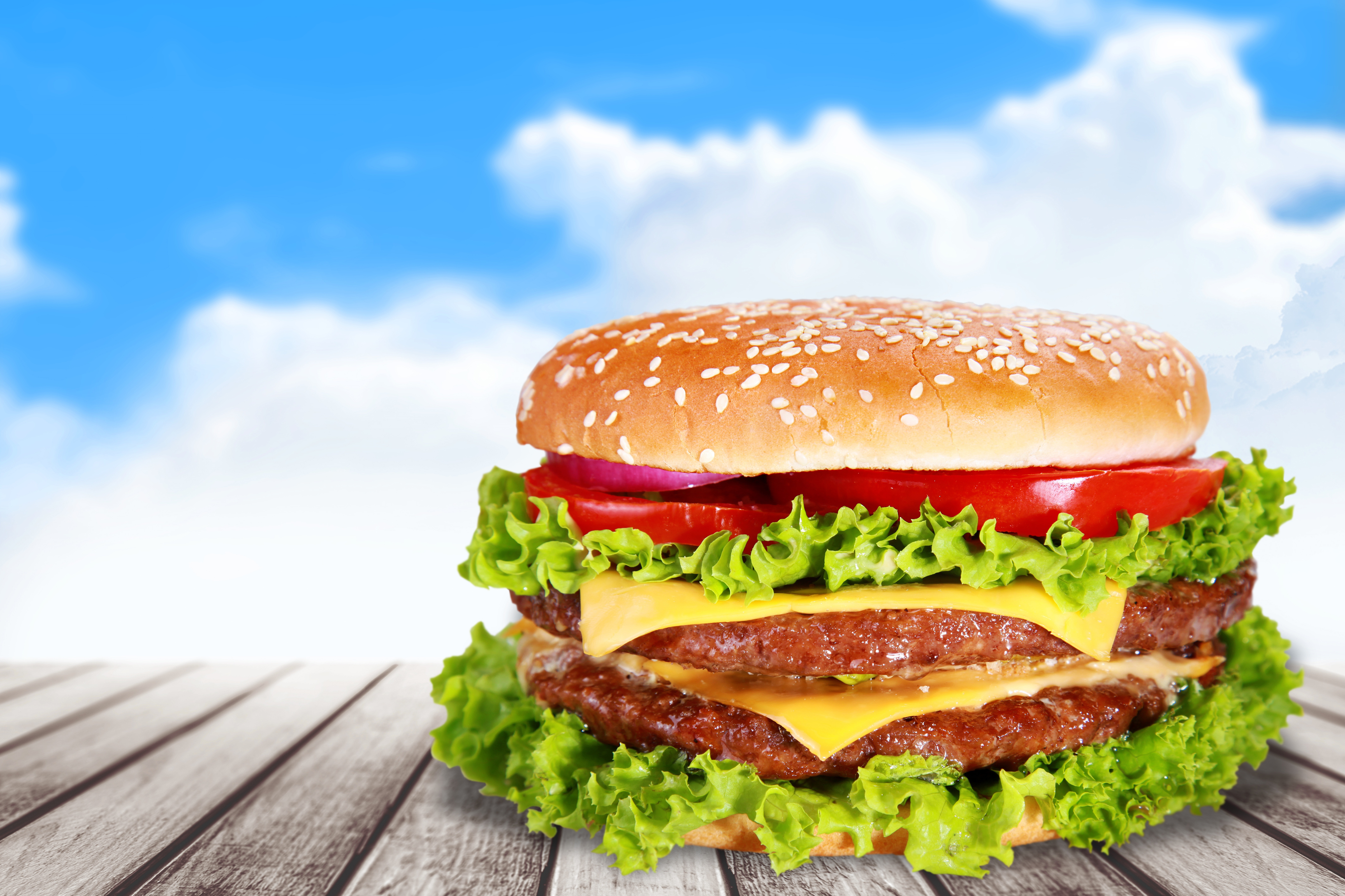 Double Cheeseburger with Lettuce and Tomato HD Wallpaper
