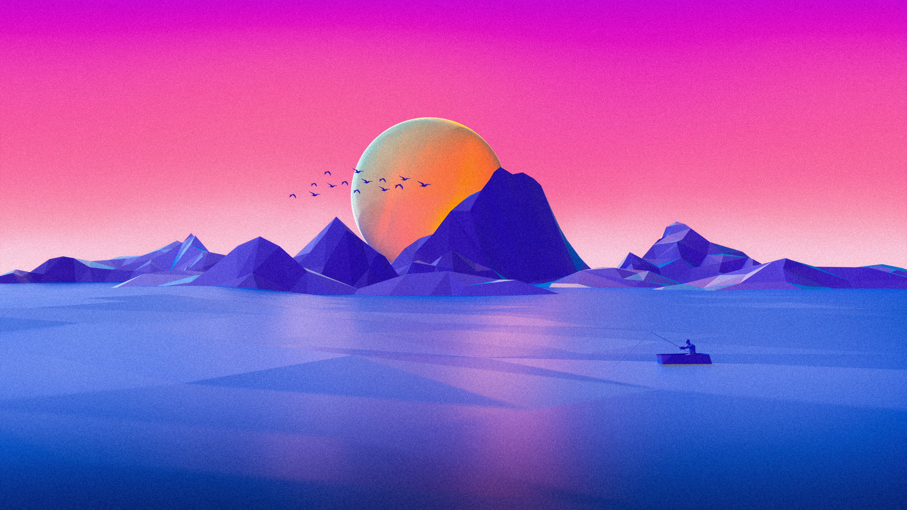 Minimalist sunset over water with mountains and a lone fisherman HD Wallpaper