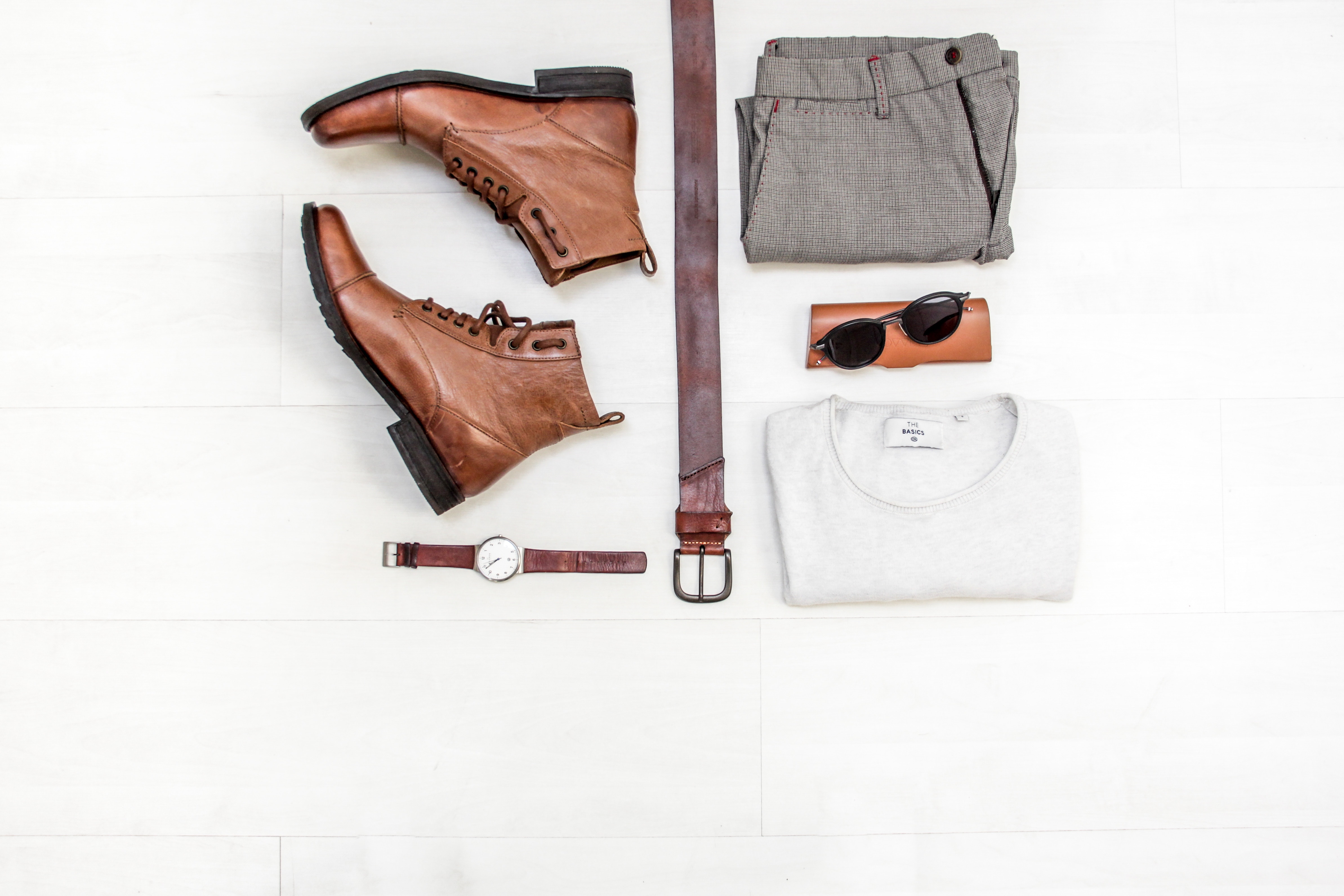 Men's Fashion Flat Lay: Boots, Belt, Pants, Shirt, Sunglasses, Watch HD Wallpaper