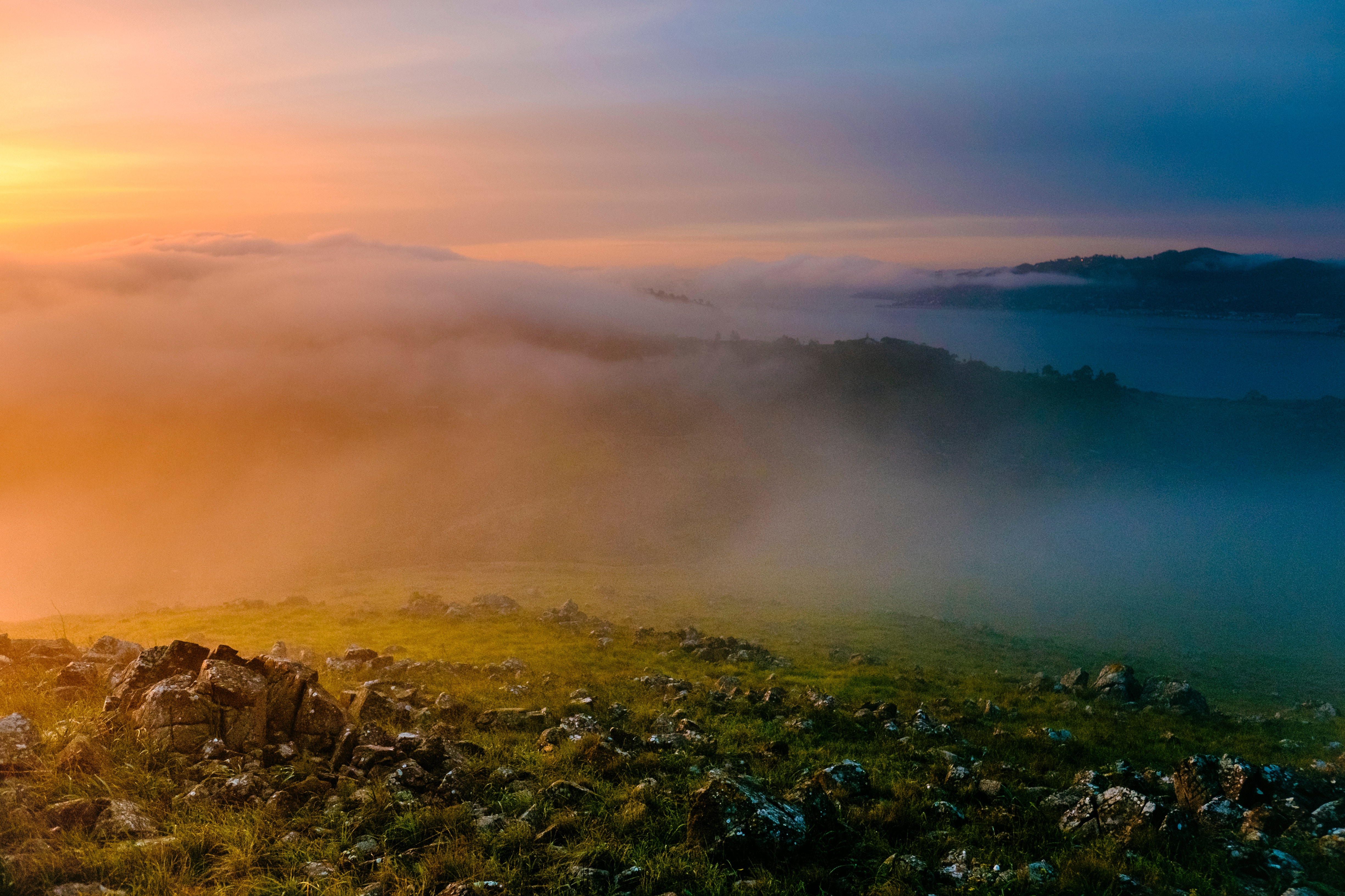 Foggy Sunrise Over Marin Hills with Rocks HD Wallpaper