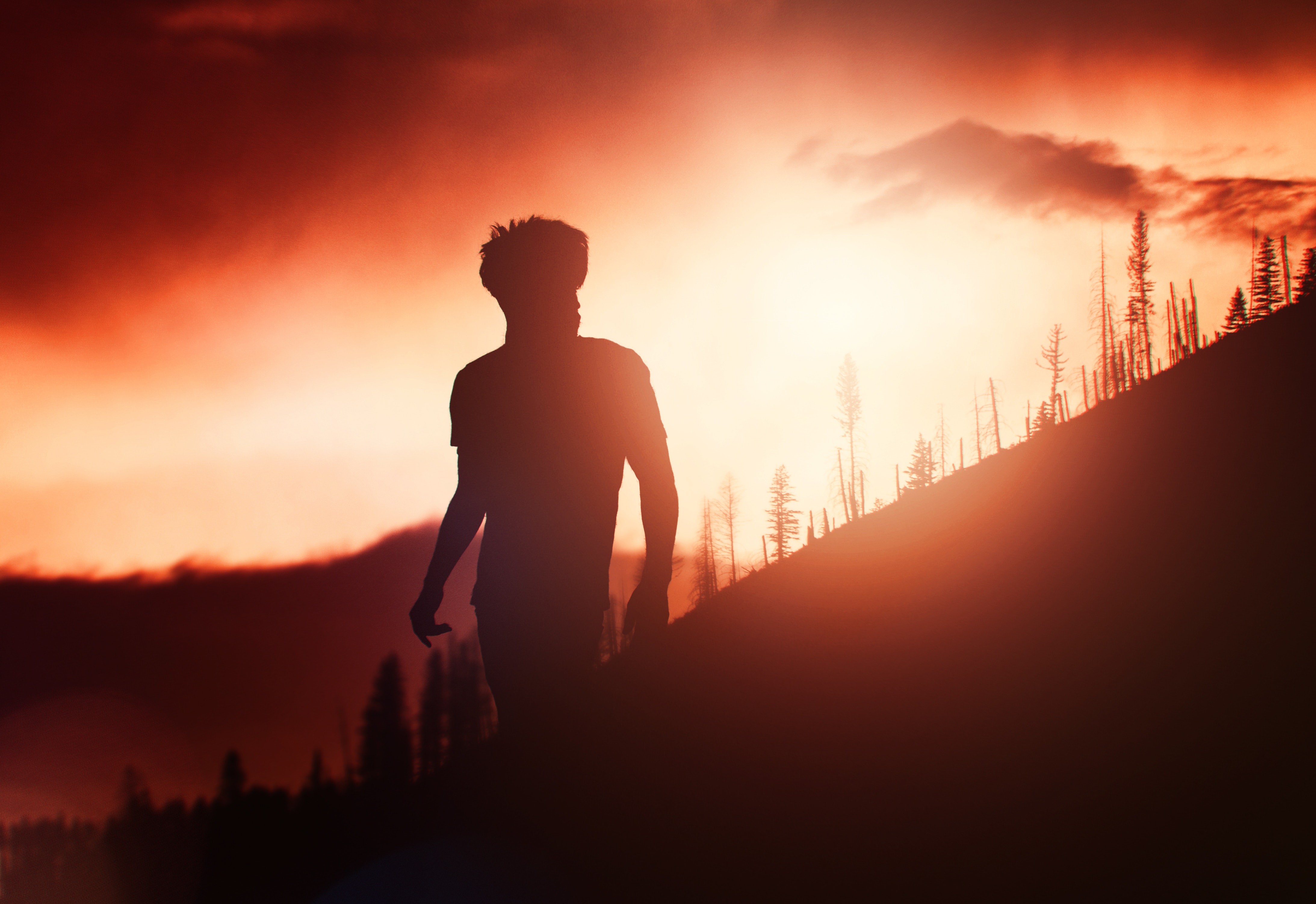 Silhouette of a man walking on a hillside during sunset HD Wallpaper